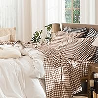 Vista 27 de MooMee – Juego de sábanas Gingham 100% algodón lavado con textura parecida al lino transpirable suave con bolsillo elástico de 16-19" de profundidad