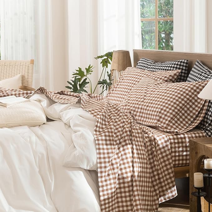 MooMee Gingham Sheet Set 100% Washed Cotton Linen Like Textured Breathable Soft w/Fully Elasticized 16-19" Deep Pocket (Classic Gingham Brown, Queen)