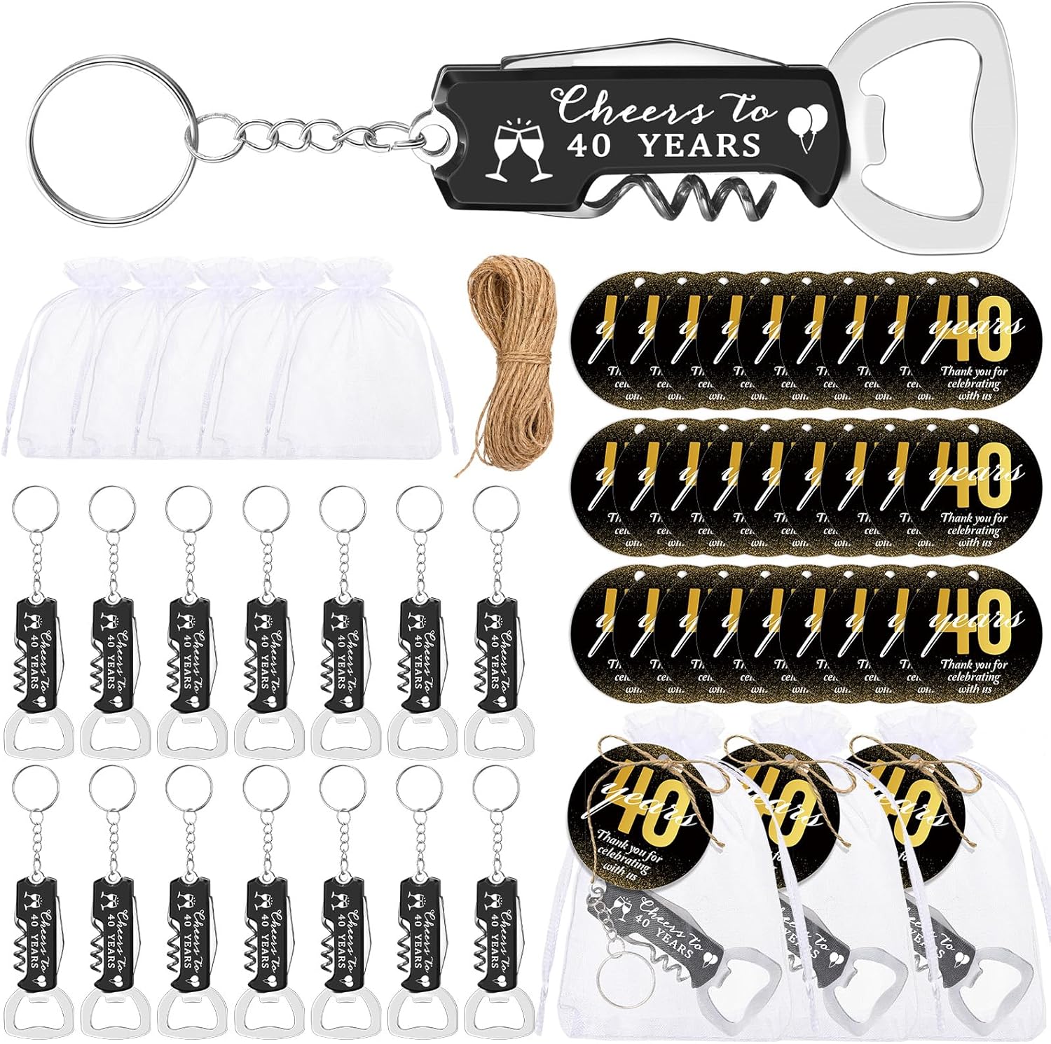 30 Set 40th Birthday Party Favors for Guests Bottle Opener Keychains Bulk Thank You Cards with Organza Gift Bags for Birthday Anniversary Souvenirs, Cheers to 40 Years