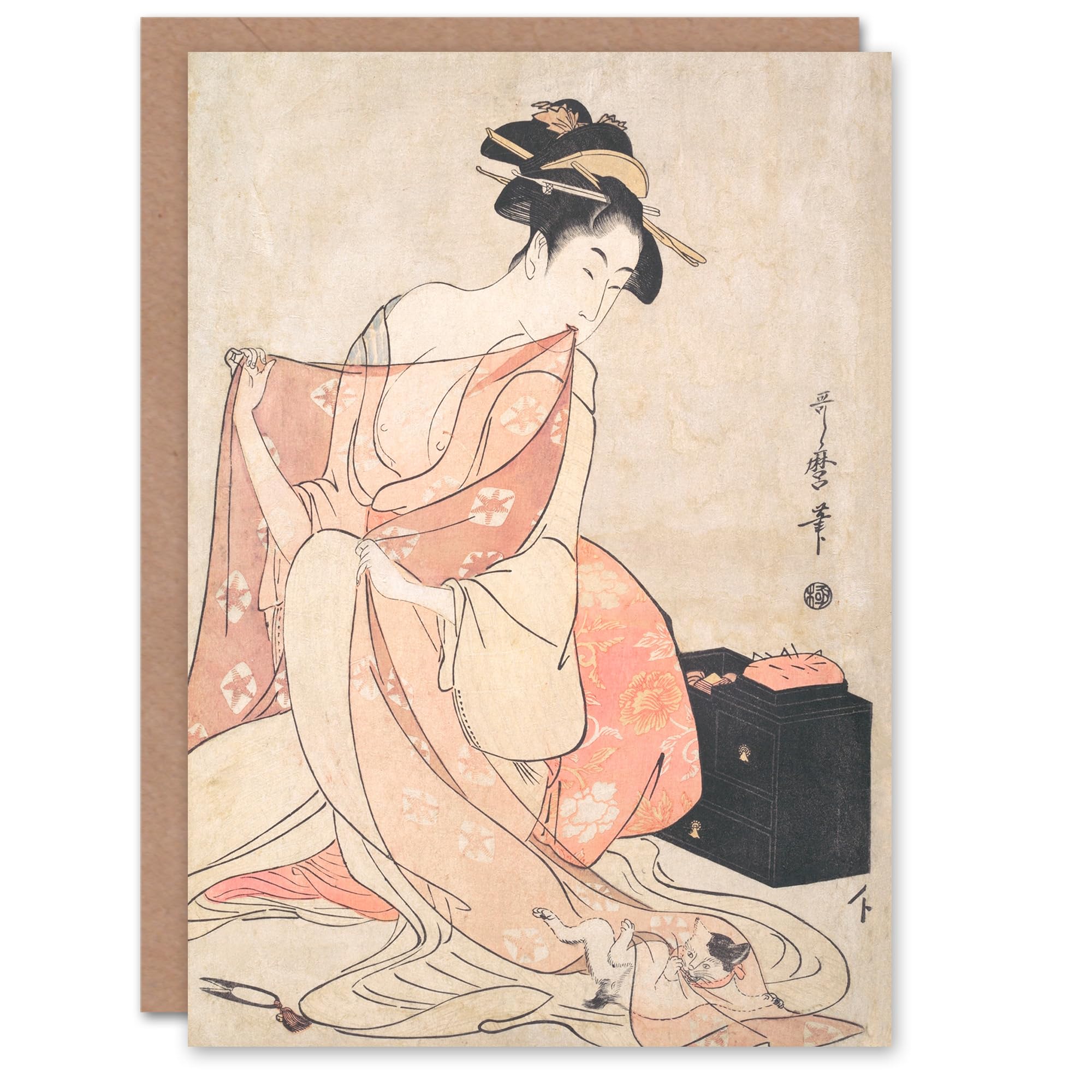 Artery8 Utamaro Kitagawa Art Card Woman And Cat Vintage Japanese