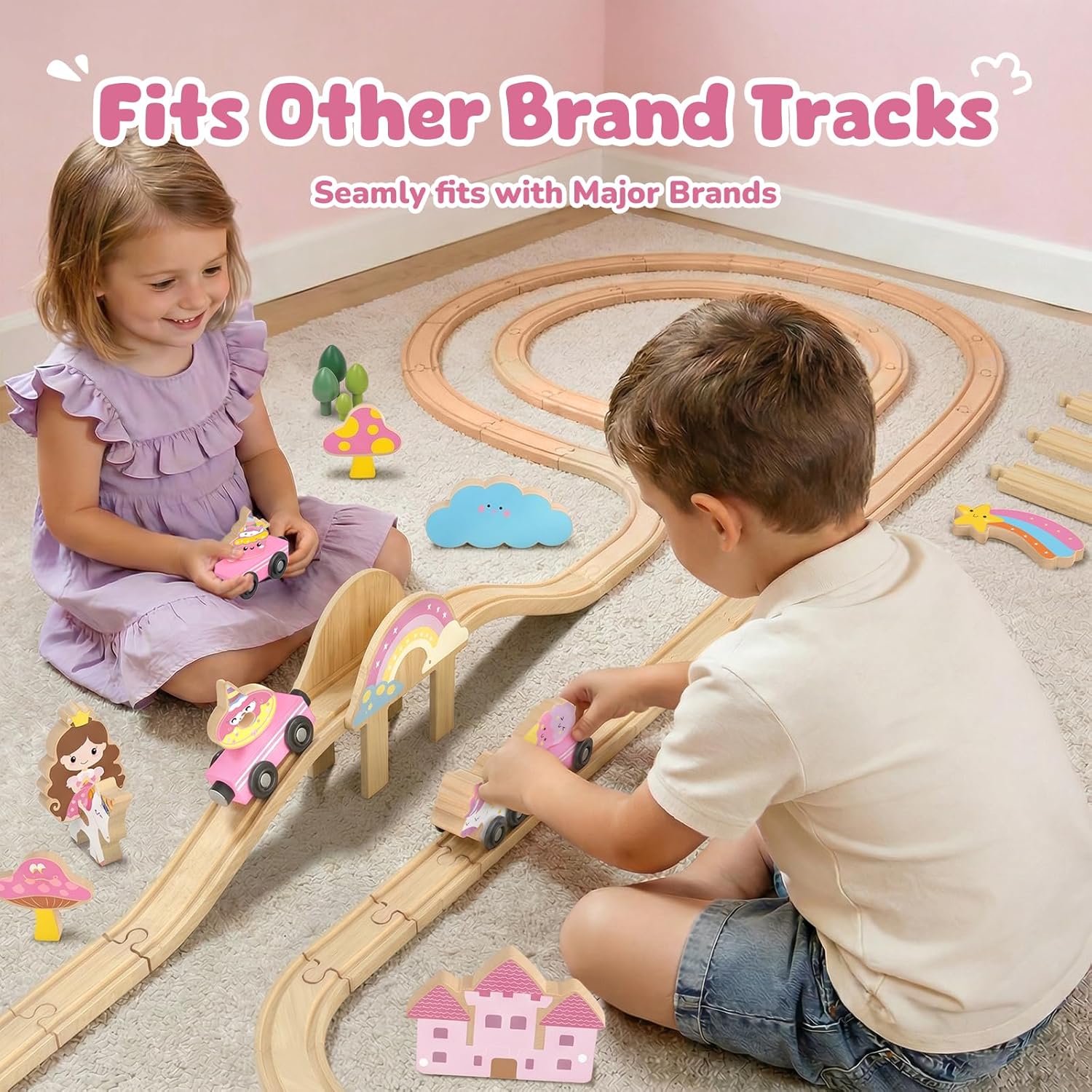 Unicorn Wooden Train Set for Toddler Girls Ages 2-4 Magical Fairy 38 Pcs Toddler Girl Toys with Railway Track Fantasy Toys for Girls 3-5 Year Old Kids
