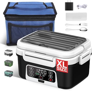 Cordless Electric Heated Lunch Box, 1.5L - 6.3 Cups 100W Rechargeable Smart Self-Heating Food Warmer with Removable Divider, Spoon, Fork, BPA Free, Portable Lunchbox for Car Travel Office White