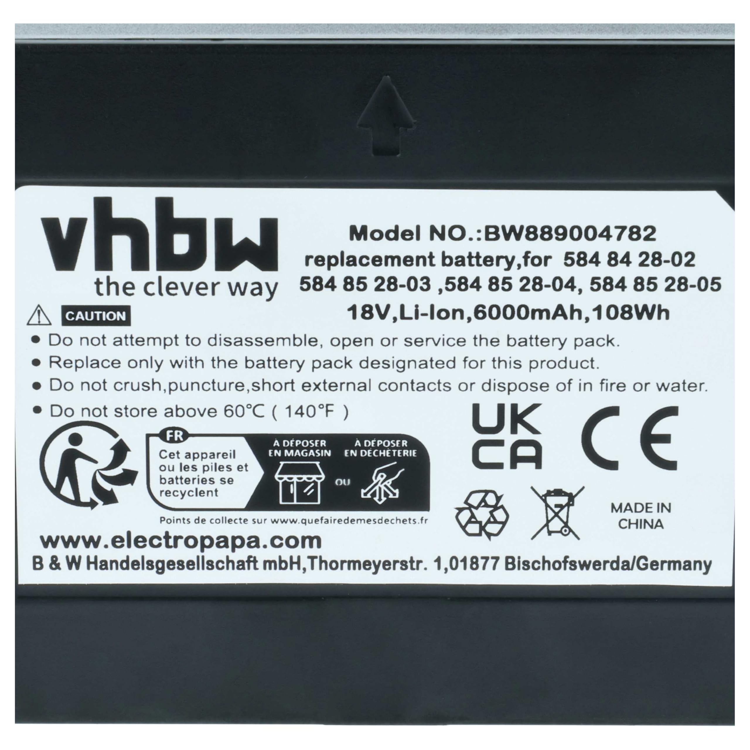 vhbw Batería Compatible con McCulloch Rob S800, Rob S400, Rob S500 Robot cortacésped 6 Ah, 18V Li-Ion