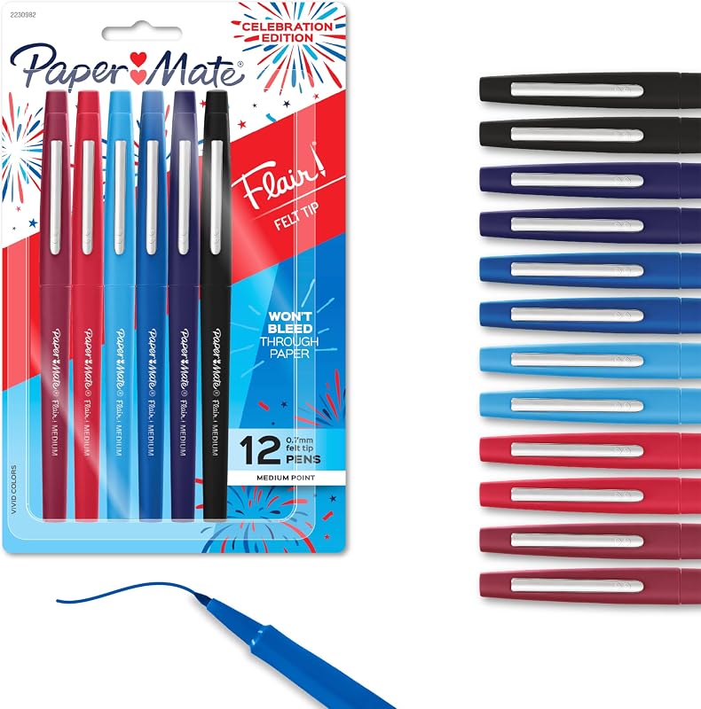 Bolígrafos de punta de fieltro Flair, punta media (0,7 mm), colores variados, 12 unidades, edición de 250 aniversario de EE. UU.