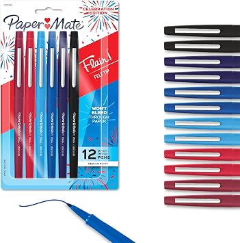 Paper Mate Flair Felt Tip Pens, Medium Point 0.7mm, Assorted Colors, 12 Count, USA 250th Anniversary Edition