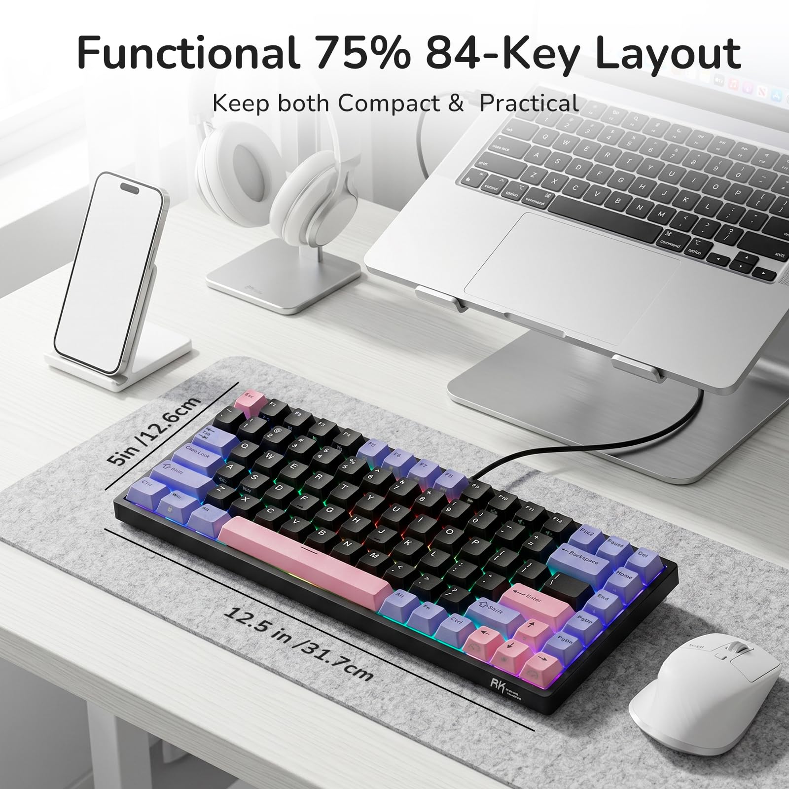 RK ROYAL KLUDGE RK84 – przewodowa klawiatura mechaniczna do gier z 75% układem TKL, podświetleniem RGB i funkcją hot-swap, układ US QWERTY