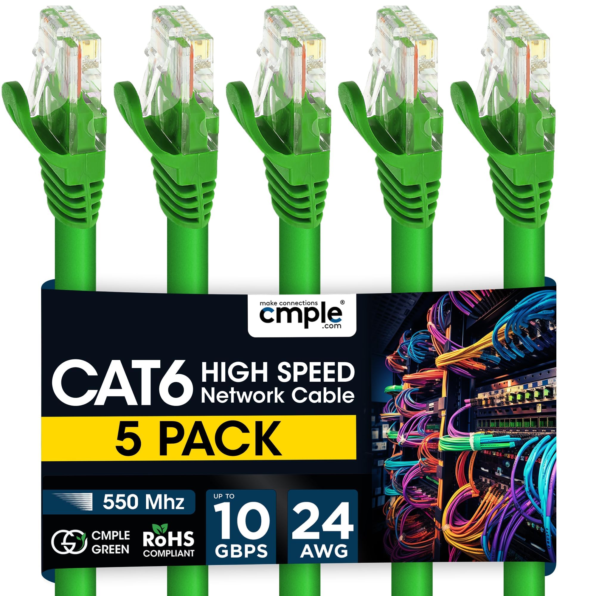 Cmple - Paquete de 5 cables Ethernet Cat6, cable de red de Internet Cat6 de alta velocidad, cables de conexión Ethernet, cable LAN para computadora con conectores RJ45 sin enganches, 1.5 pies, verde (paquete de 5)
