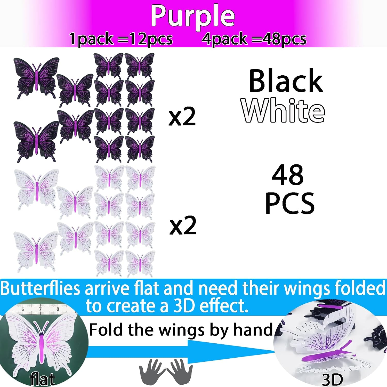 Ewong 3D Butterfly Wall Decoration, 48 Pcs PVC Butterfly Wall Decals Removable Waterproof Sticker Mural Art Home Bedroom Bathroom Office Birthday Party Decor (Purple Black White)