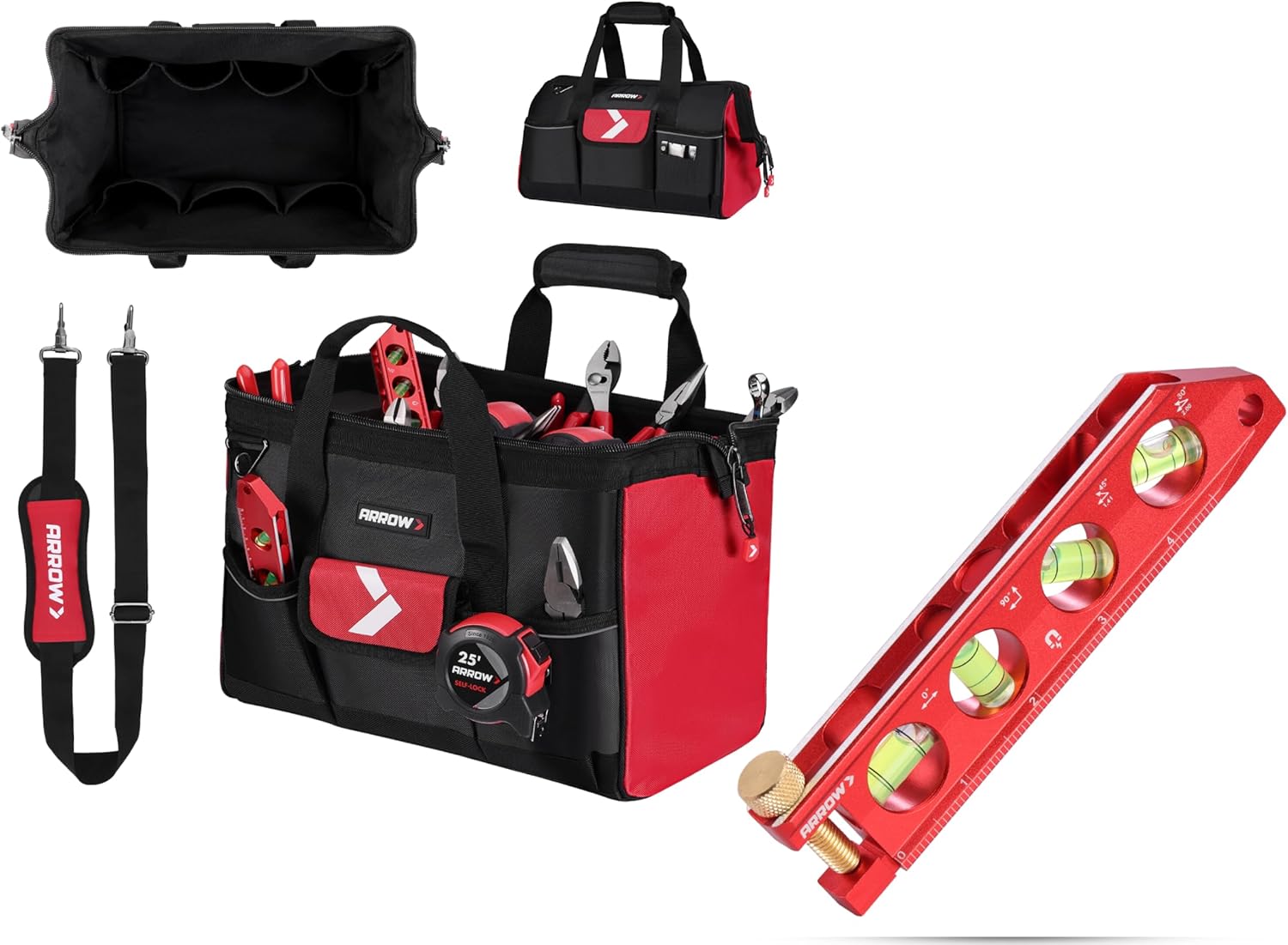 ARROW 6.3-Inch Torpedo Level, Magnetic Leveler with 0°/30°/45°/90° Bubbles, Top-view Windows, Aluminium Alloy Frame, Dual Metric and SAE Scales & 16" Tool Bag Organizer with Anti-Slip Feet