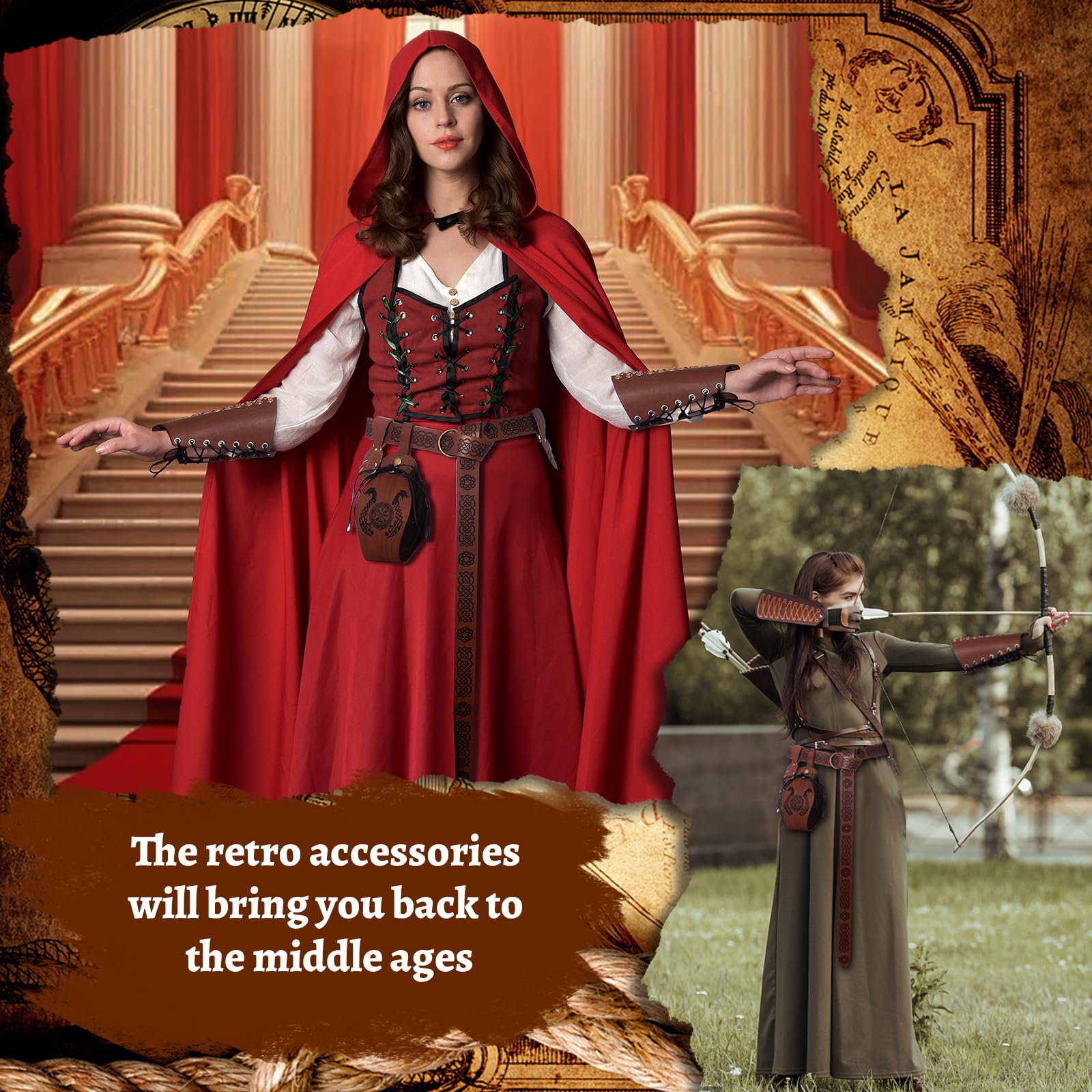 LLTTEER Set di accessori medievali per Halloween, con fascia medievale, fascia medievale, cintura vintage per cosplay, costume da strega e cavalieri rinascimentale (Marrone)