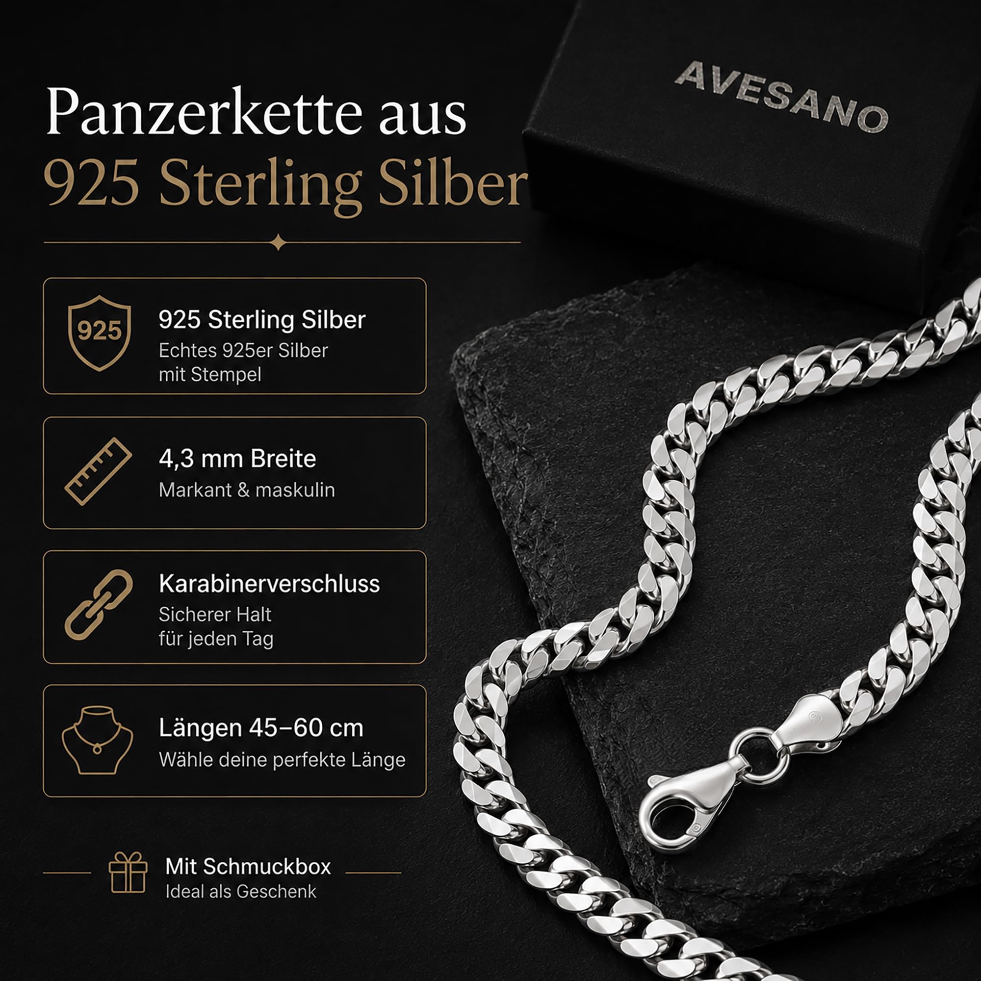 Silberkette Herren 925 Silber Panzerkette 4,3mm Halskette 101042-0 | Sterlingsilber Ketten Länge 45 50 55 60 cm verfügbar Geschenk Freund