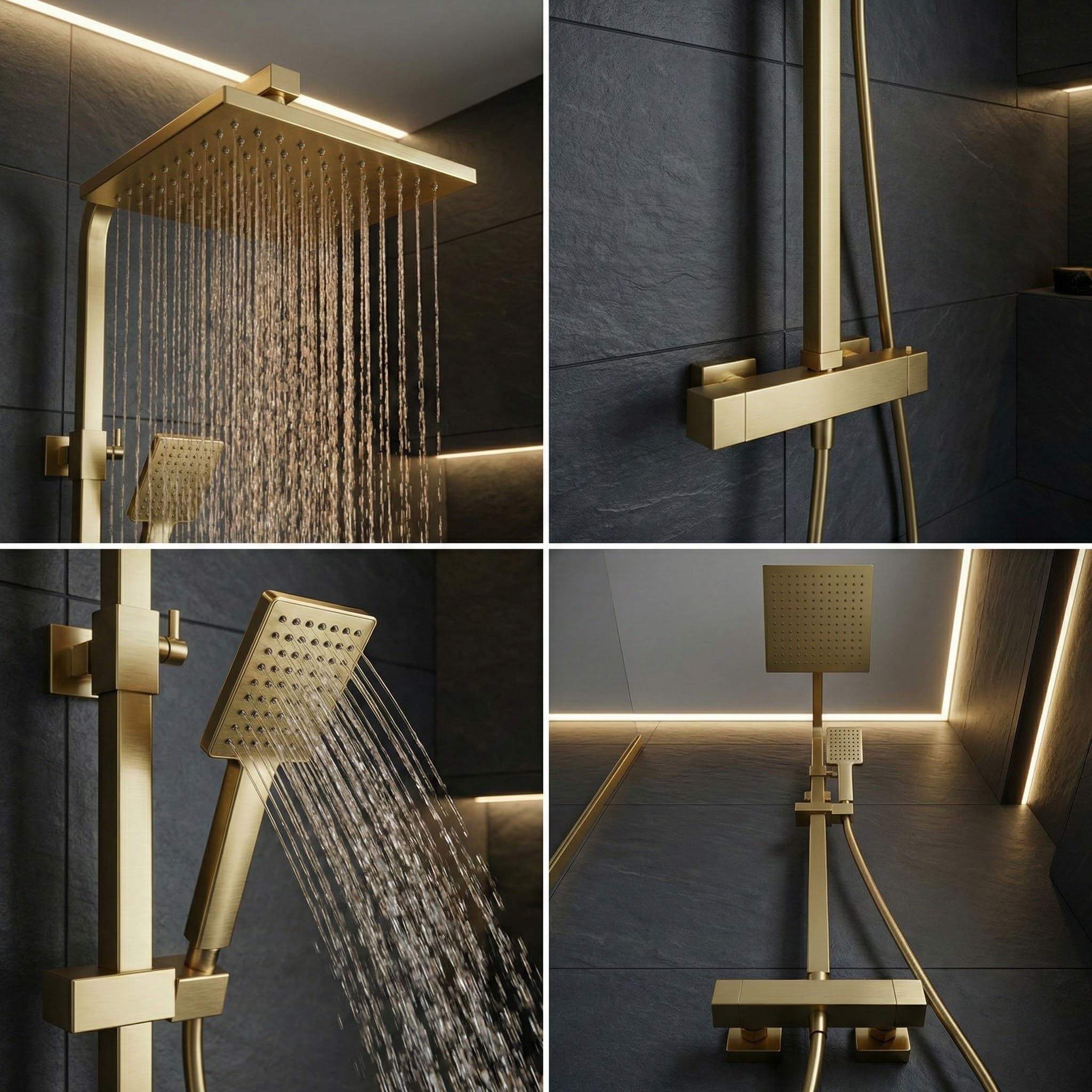 Système de douche thermostatique | Ensemble mitigeur de douche thermostatique avec douche à effet pluie et douchette à main (laiton)