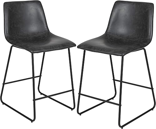 Flash Furniture Reagan LeatherSoft Taburetes de altura de mostrador de 24 pulgadas con reposapiés, sillas de comedor modernas de estilo cubo, juego