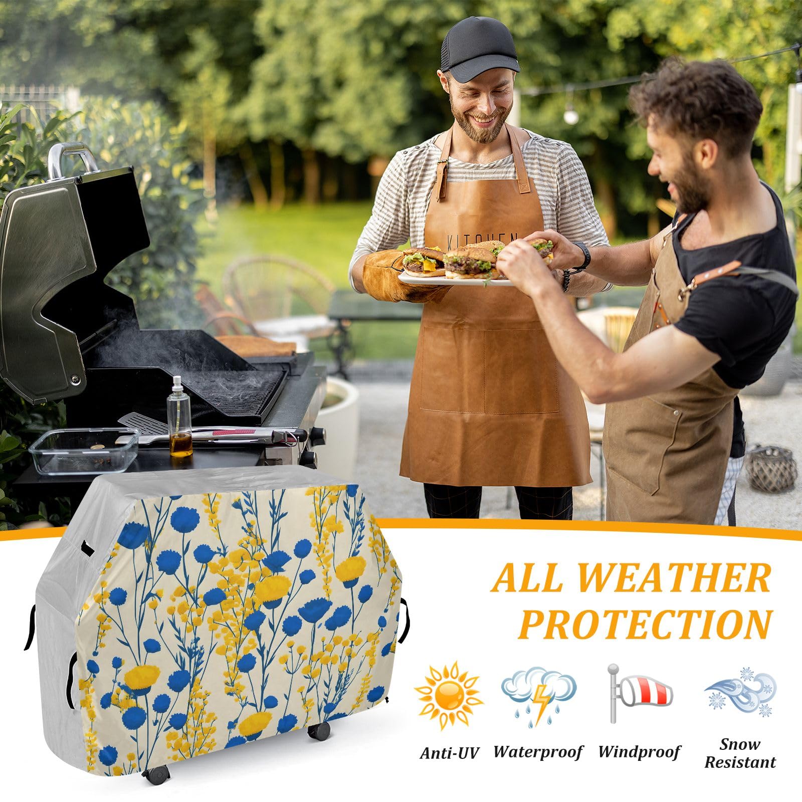 Funda para barbacoa de flores amarillas y azules, impermeable, resistente, para exteriores