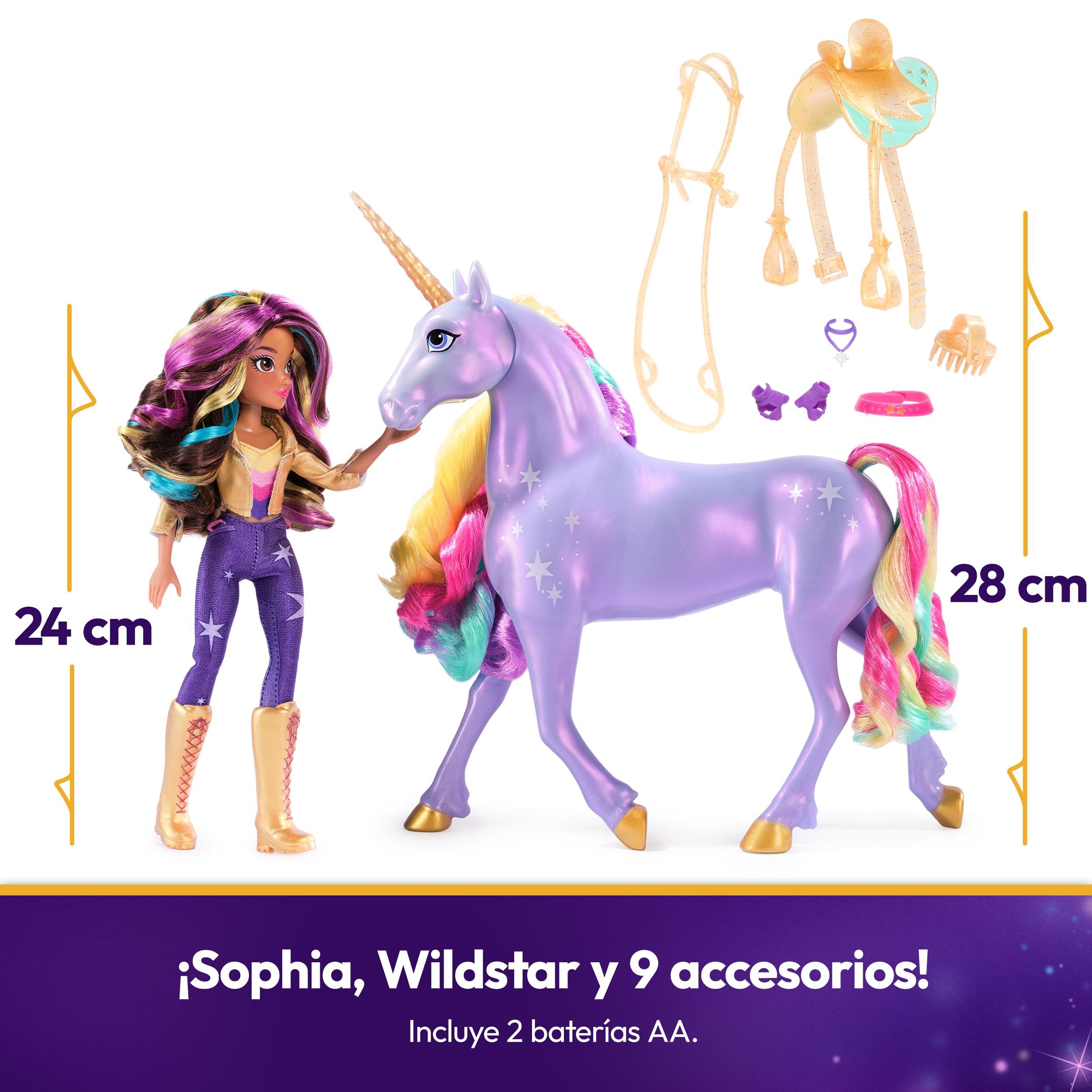 Unicorn Academy - The School of Unicorns - Wildstar Function Unicorn 28 cm + Lalka Sophia 24 cm - Z dźwiękami i światłami - Zabawki inspirowane serią Unicorns School - Zabawka dla dzieci od 4 lat