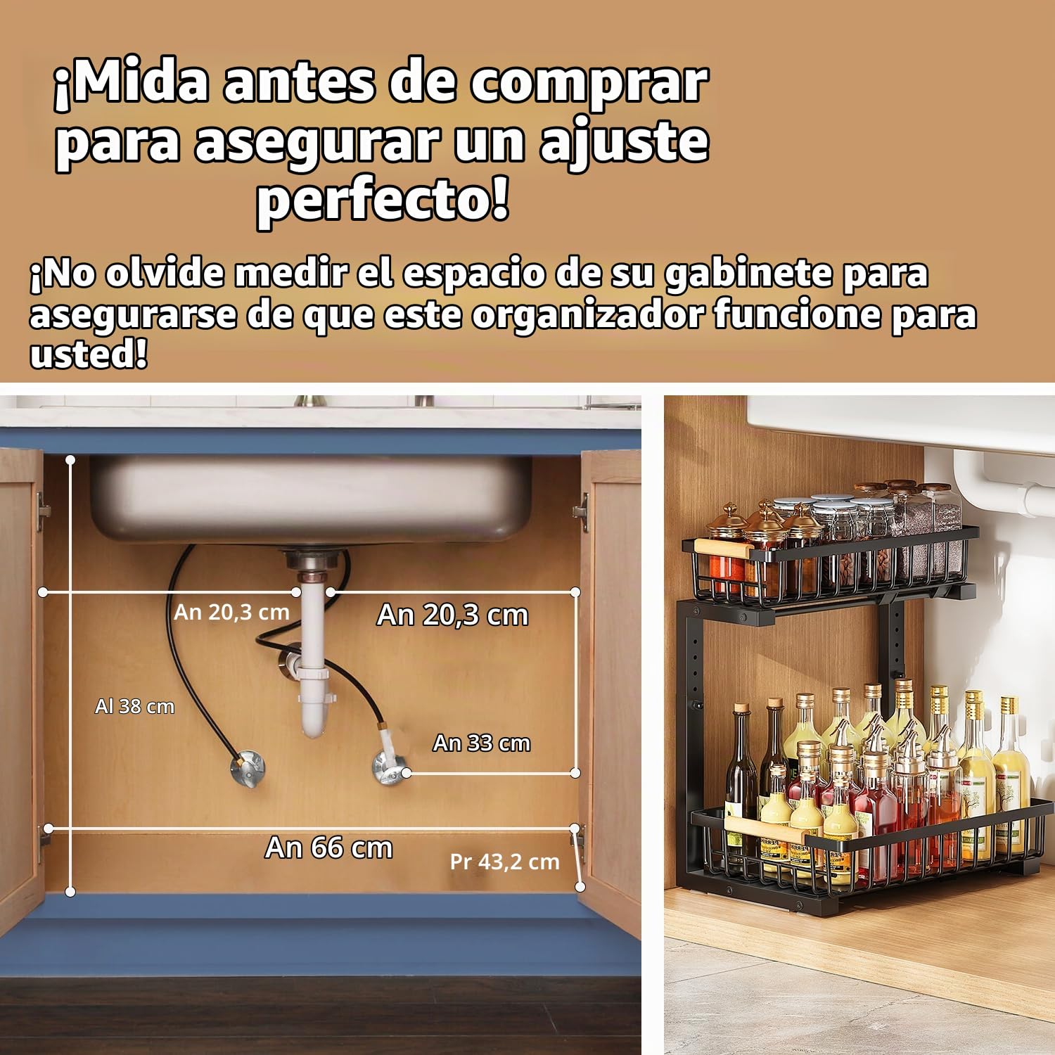 Organizador Bajo Fregadero 2 Niveles con Cajones Deslizantes 42.5cm Altura Regulable Estante Almacenamiento Debajo Fregadero Organizador Cocina Multifuncional Forma de L para Cocina, Baño