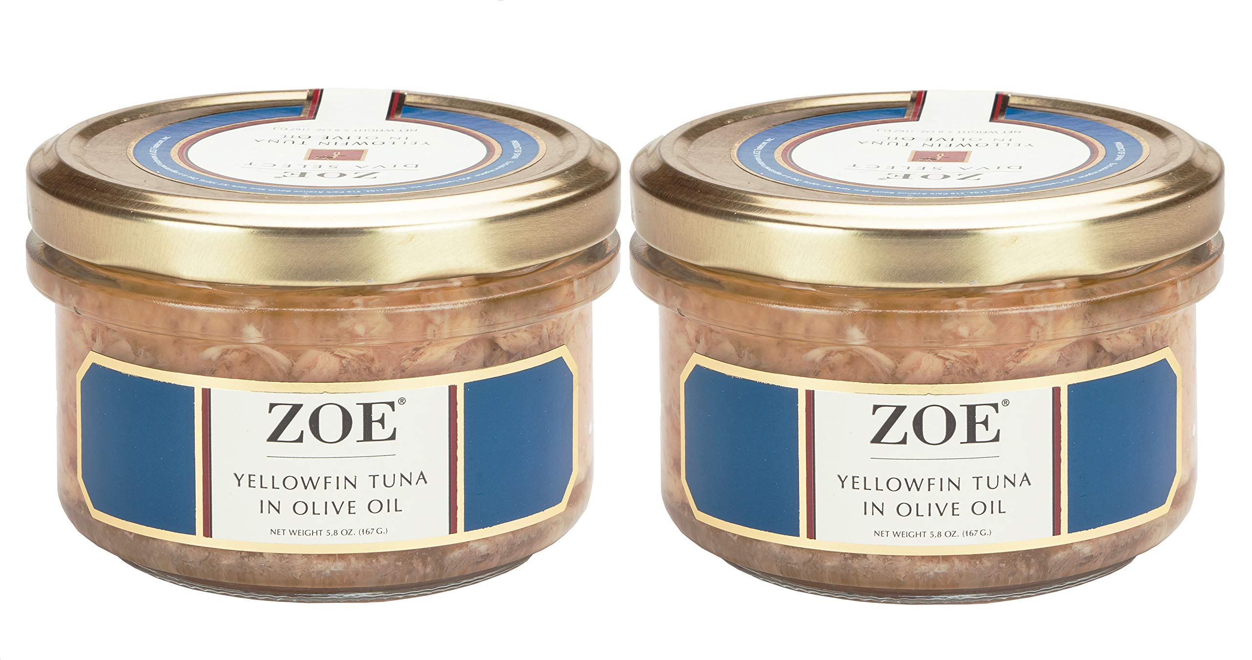 ZOE Diva Select Yellowfin Tuna in Olive Oil 5.8 OZ. (2 Jars), Dolphin-Safe Yellowfin Tuna Canned in Rich Spanish Olive Oil, Line-Caught and Hand Filleted
