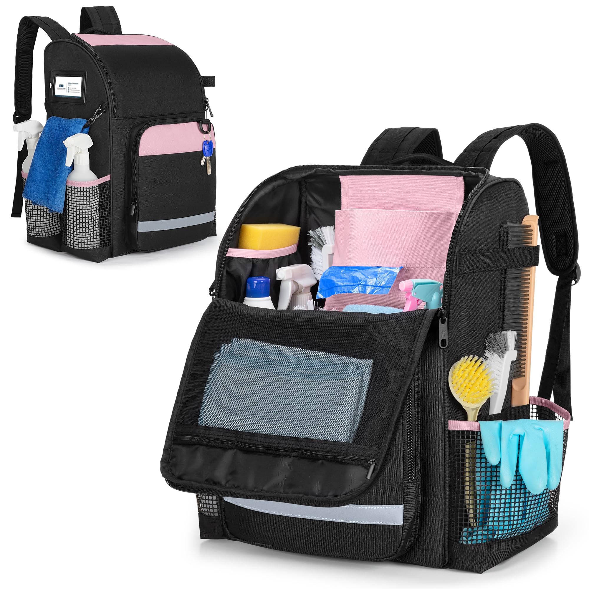 LoDrid Cleaning Caddy Bag with Thickened Adjustable Shoulder Straps, Large Cleaning Organizer with Multiple Pockets for Cleaning & Housework Black and Pink (Patent Designed)