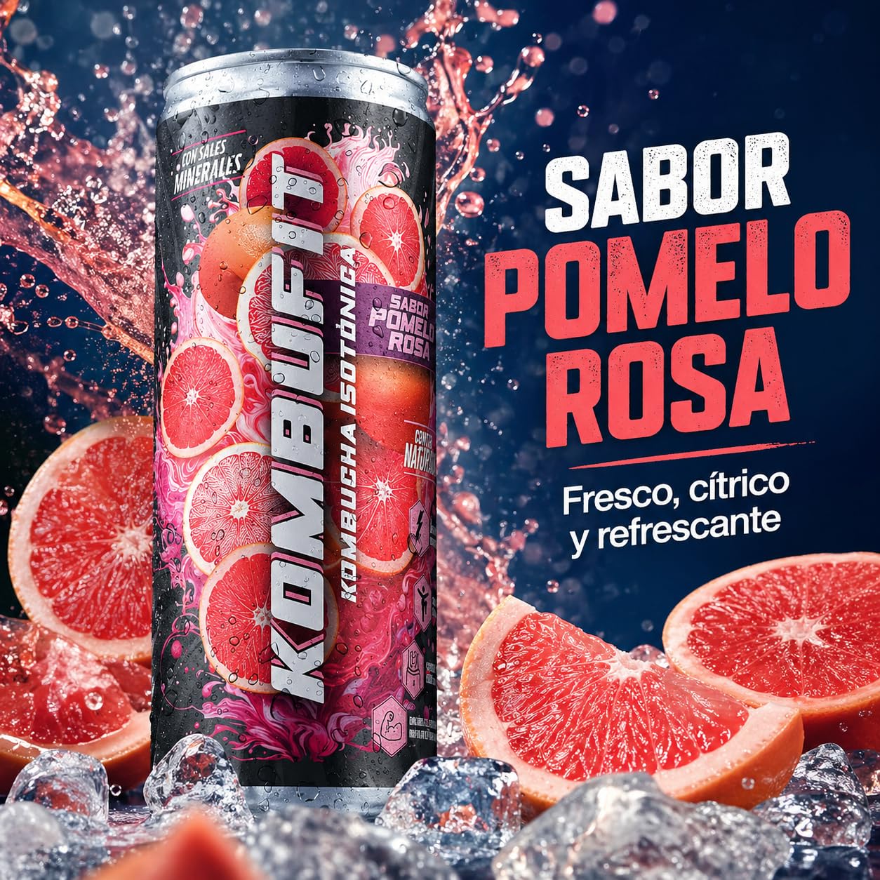 Kombucha Isótonica Natural Onflow, Té Kombucha, Sin Azúcar, Sabor Pomelo Rosa, Pack 12 Latas x 250 ML
