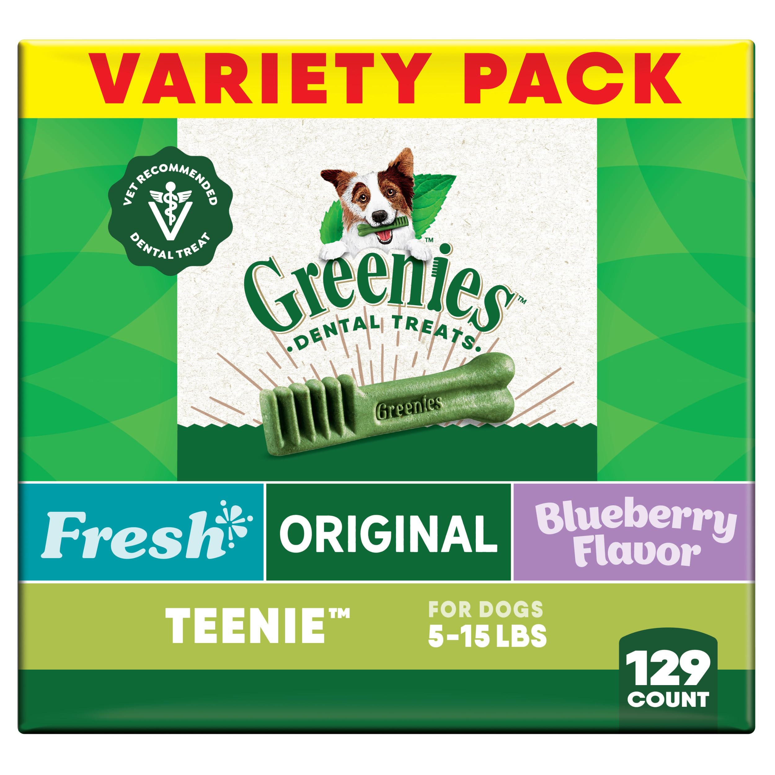 GREENIES TEENIE Natural Dog Dental Care Chews Oral Health Dog Treats 3-Flavor Variety Pack, (3) 12 oz. Pouches, 129 Total Treats