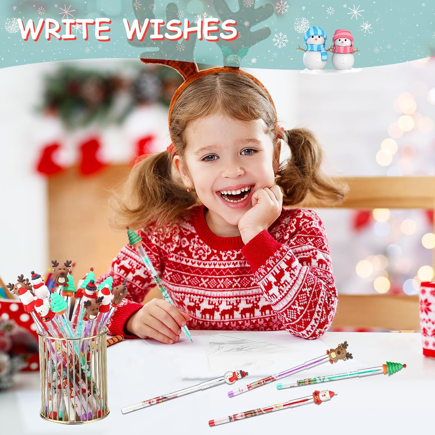 Zonon 24 Pieces Christmas Pencils Bulk, Multi Point Stackable Push Pencil with Toppers, Santa Claus Snowman Elk Pens for Kids Classroom Rewards, School Party Supplies,Christmas Stocking Stuffer