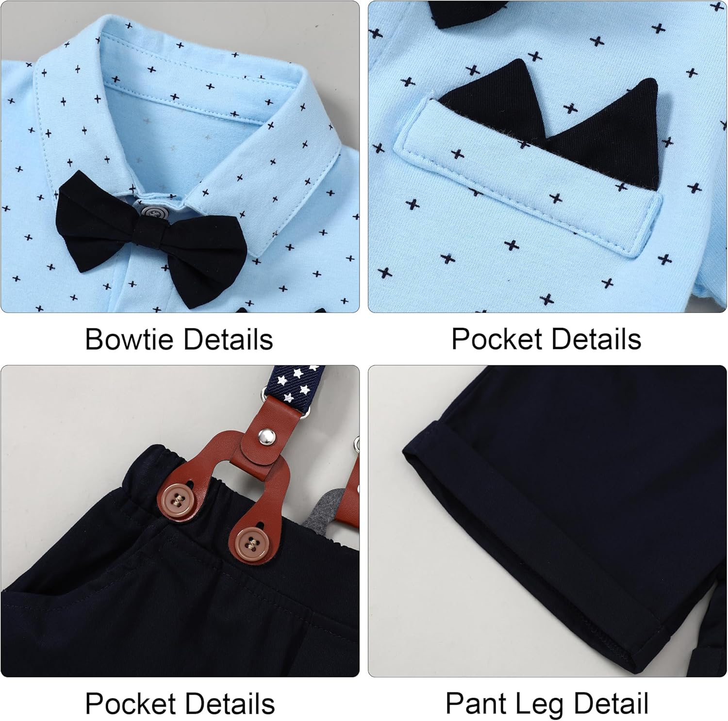 YALLET Baby Boy Clothes Suit Infant Boy Gentleman Outfits Dress Romper Shirt+Bowtie+Suspender Shorts Set - Image 2