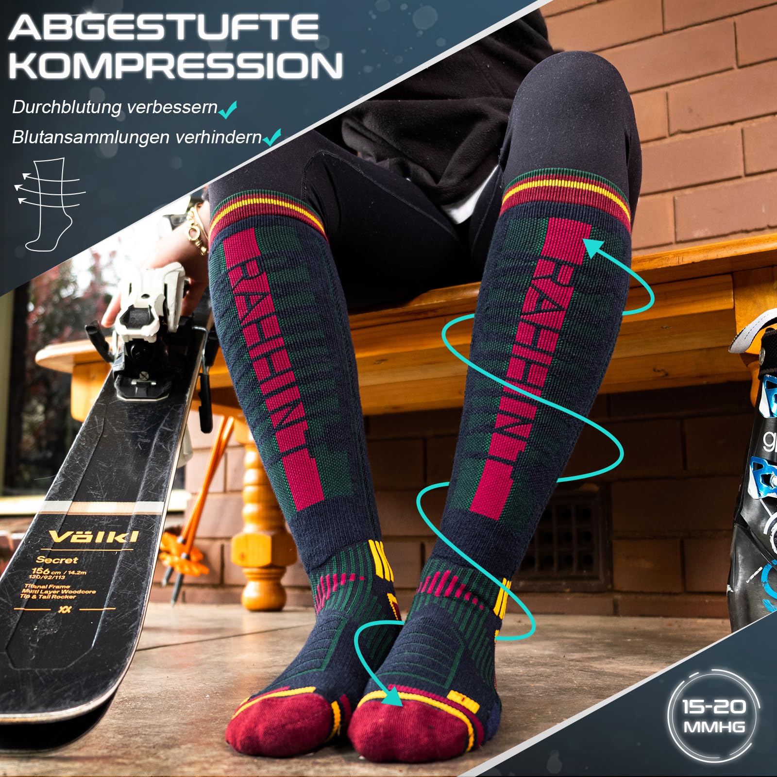 Lana Merino Termiche Calzini Sci Uomo 43-46, Tieniti al Caldo, Traspiranti, Ad Asciugatura Rapida, Compressione Snowboard Calze Sci Uomo (2 Paia)