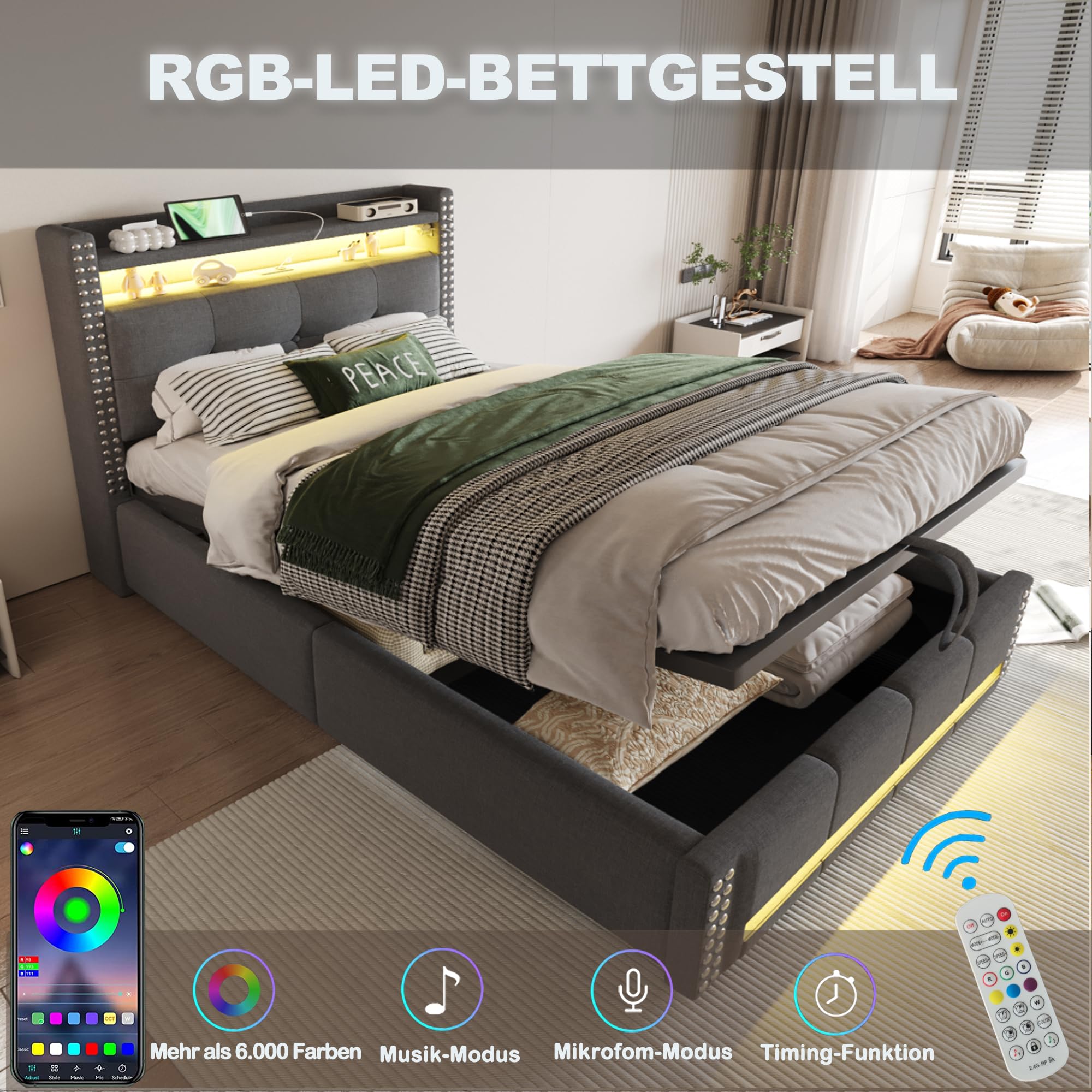 Rtopsu Kinderbett Polsterbett 90x200 cm, Jugendbett mit LED Beleuchtung und USB C, Einzelbett Stauraumbett mit Hydraulisch Stauraum, Bett Bettgestell mit Lattenrost aus Holz, Grau, Ohne Matratze