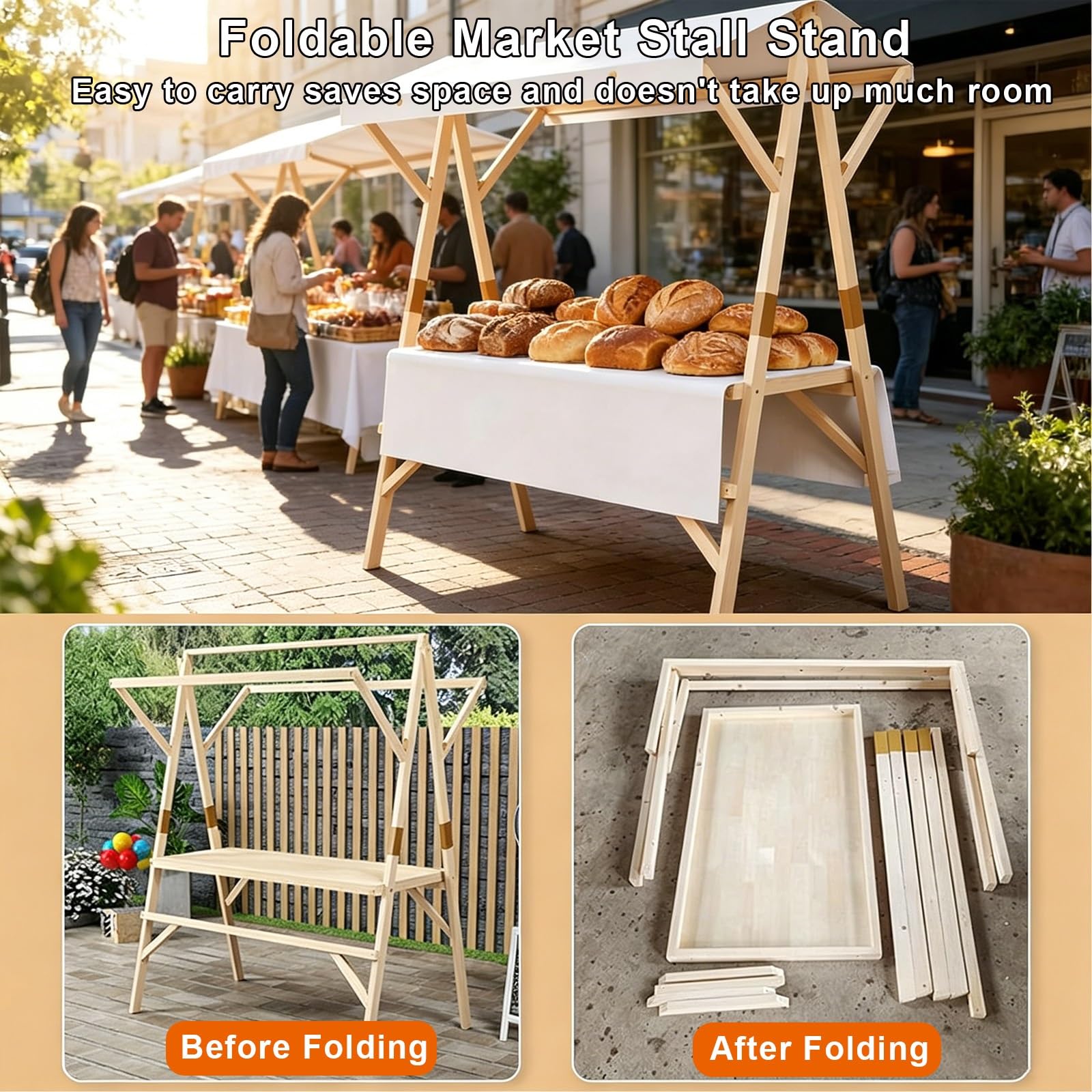 Carro de Venta Ambulante para Exteriores con Toldo, Expositor Móvil y Puesto de Mercado Plegable, para Festivales, Playas, Eventos al Aire Libre y Comida Callejera(Yellow,120cm/47in)