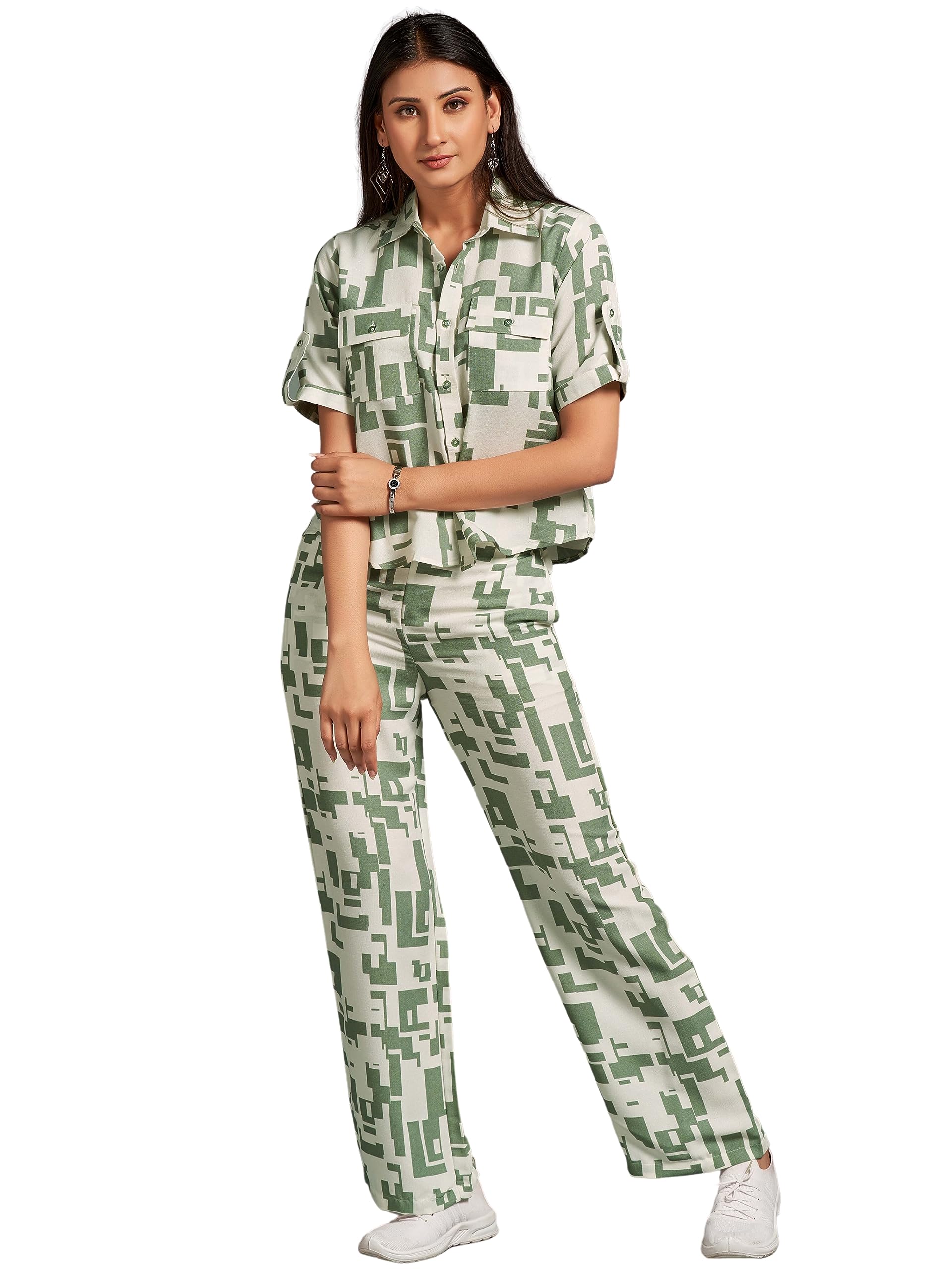 HOUSE OF MIRAWomen's Printed Shirt Collar Half Sleeves Co-Ord Set