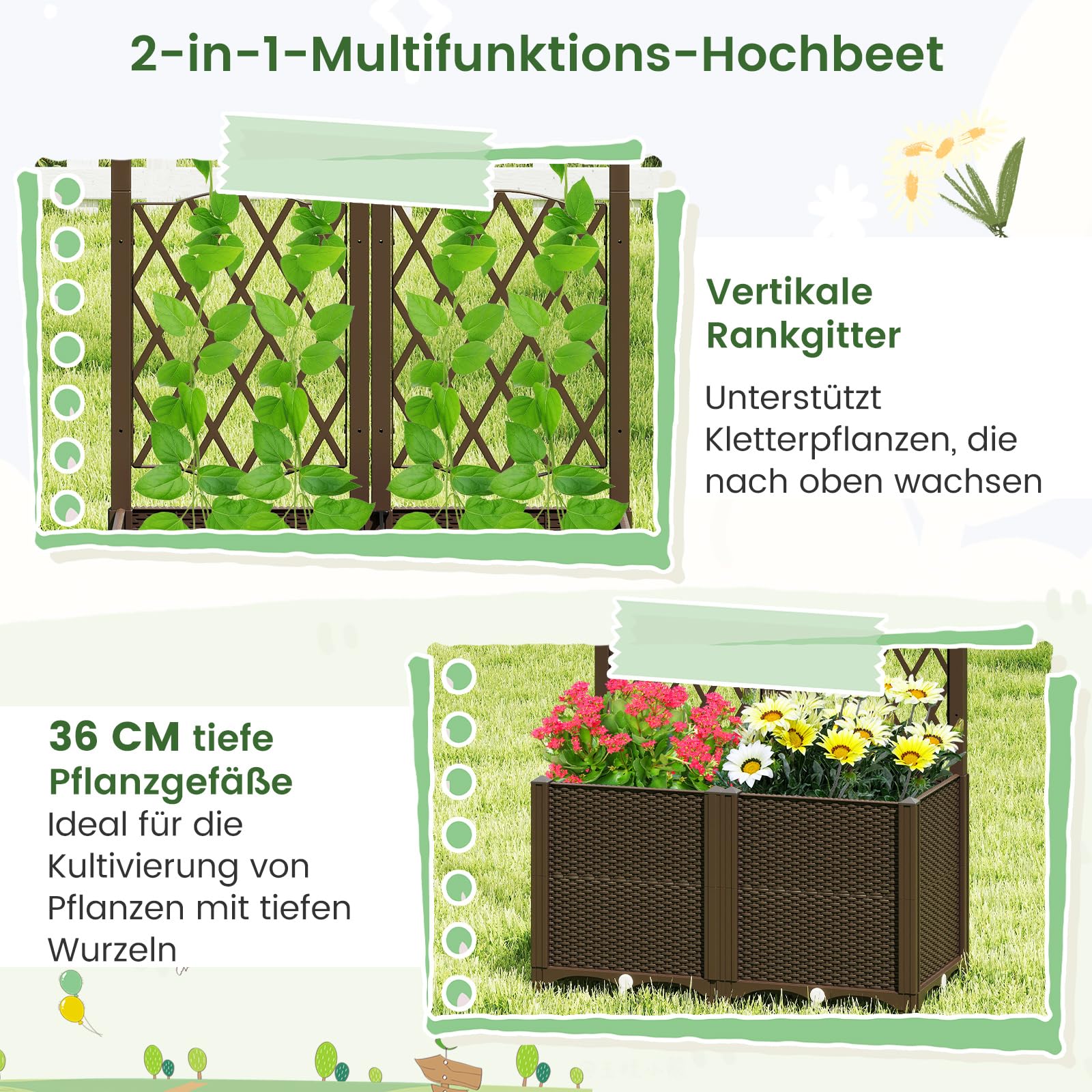 RELAX4LIFE Blumenkasten mit Rankgitter, Rankgitter mit Rattanoptik Pflanzkasten, Pflanzkübel mit Spalier, Hochbeet mit Rankhilfe, Spalier mit Blumentopf für Garten (Kaffee, 80 x 40 x 140 cm)