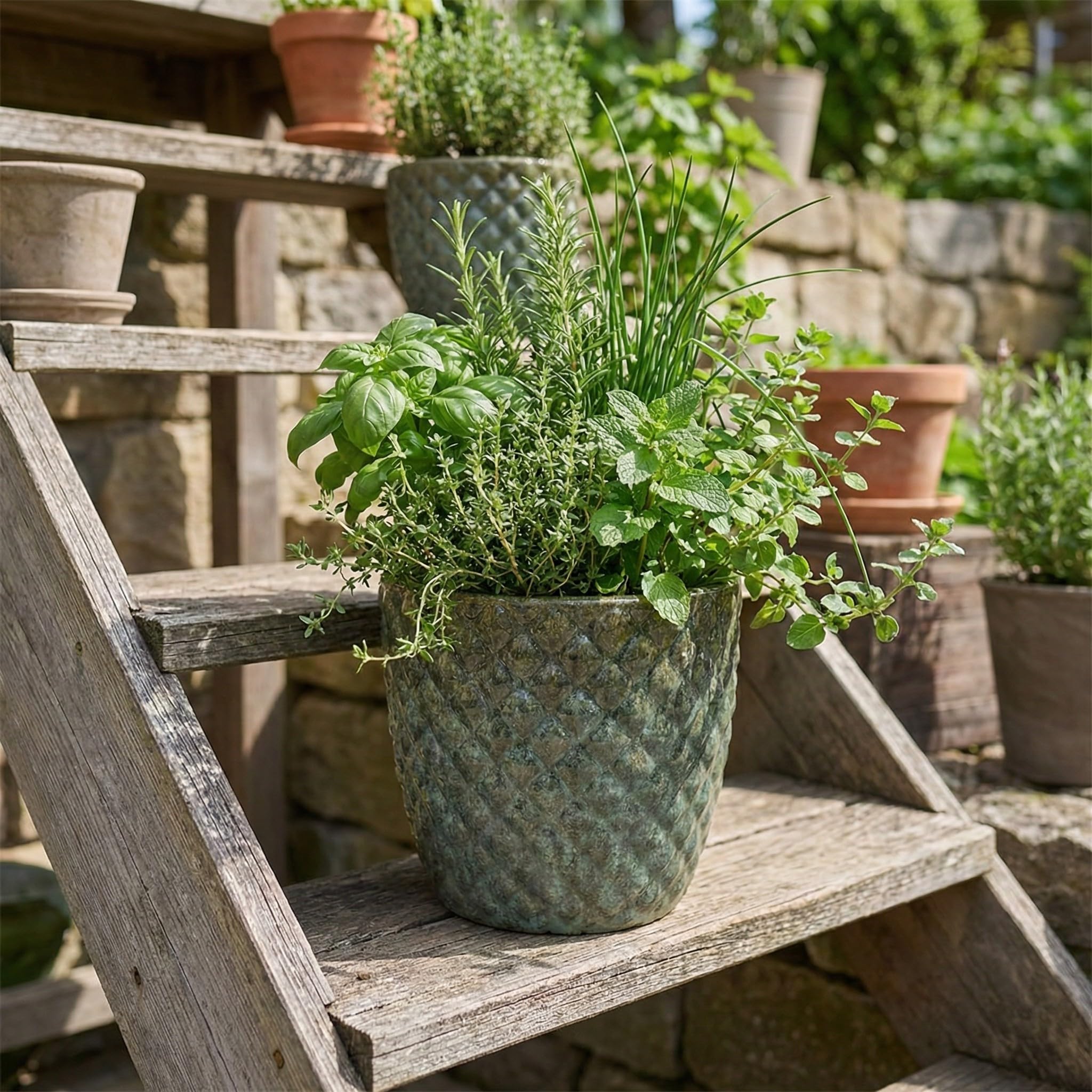 Teramico Pot de fleurs résistant au gel, en grès de qualité supérieure, en céramique émaillée, avec structure unique à bulles 3D, durable, résistant à l'hiver, pour jardin et terrasse, vert mousse, 30