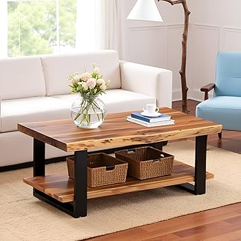 Alpine Natural Wood Live Edge Coffee Table w/Metal Strap Legs