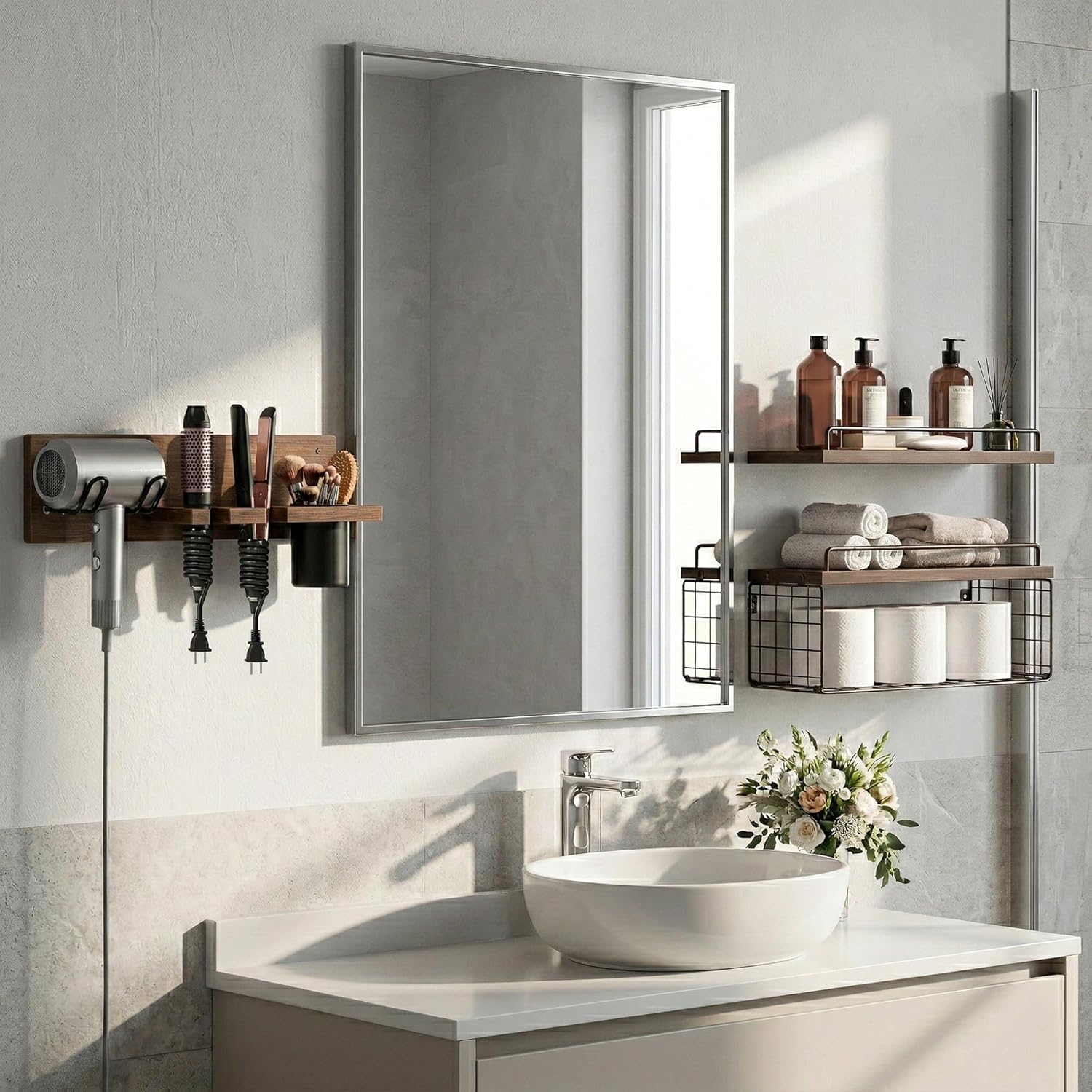 Wall Mounted Bathroom Organizer Shelves Over Toilet, 3-Tier Rustic Wooden Floating Shelf with Metal Basket and Hair Care Styling Tool Holder for Toilet Paper, Towels & Toiletries, Bathroom Decor
