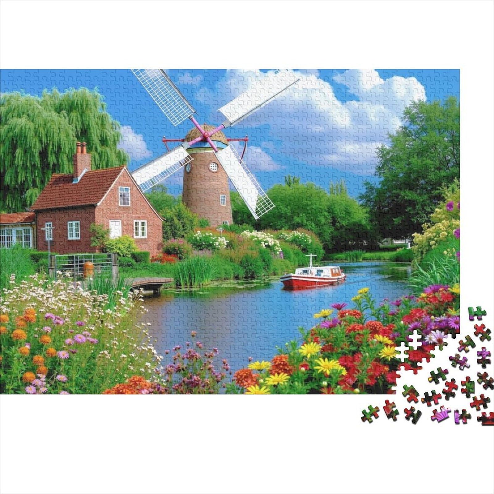 Dutch Windmill Scenery 1000 Pc Canal Windmill Jigsaw Puzzle Set Relaxing Stress Relief Recycled Cardboard Pieces for Wall Decoration & Gifts Best Gift for Puzzle Lovers 52x38cm/1000pcs