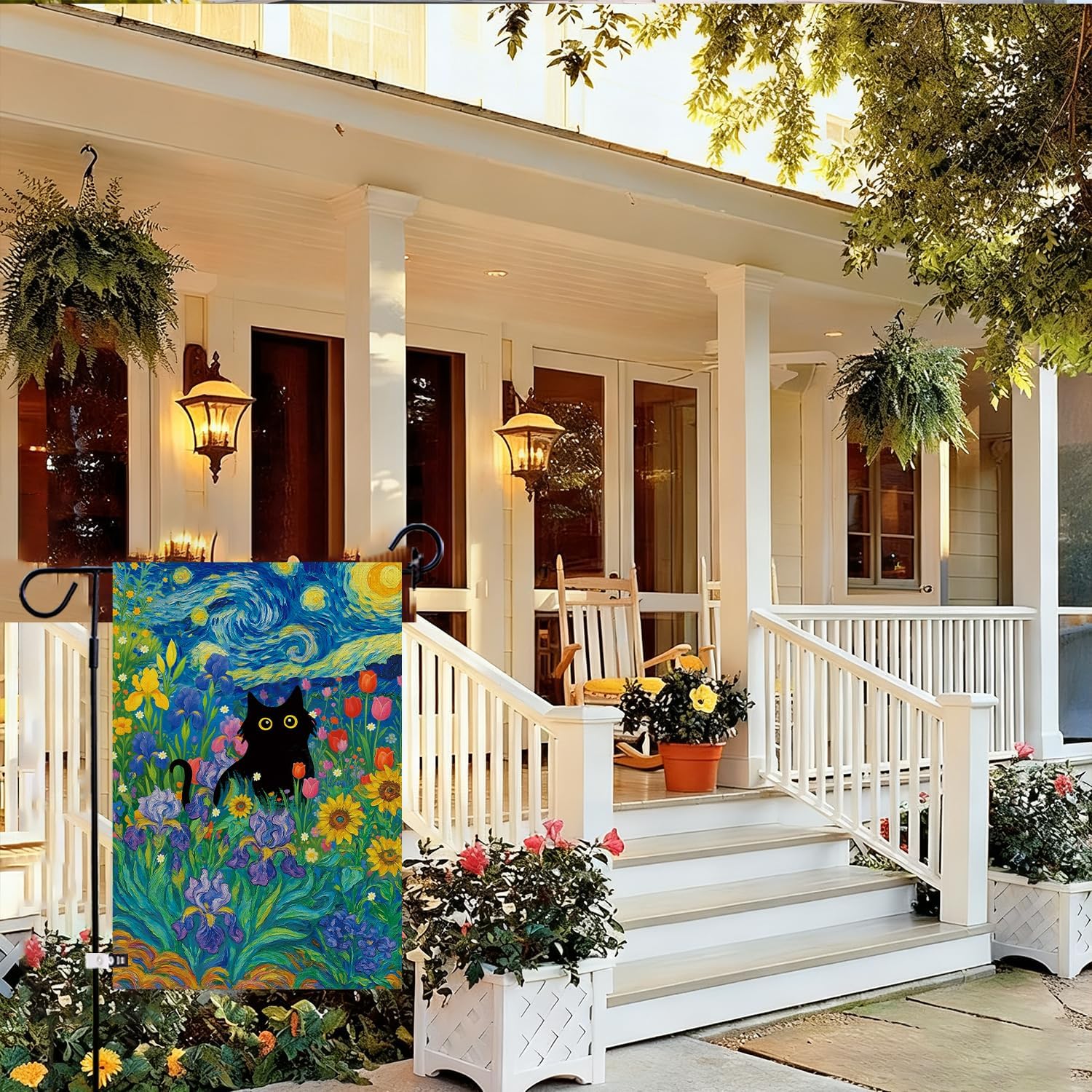 Baccessor Spring Summer Black Cat Garden Flag Double Sided 12.5 x 18 Inch Burlap with Clip and Stopper,Starry Night Flowers Flag Yard Lawn Seasonal Farmhouse Outside Outdoor Decoration - Image 4