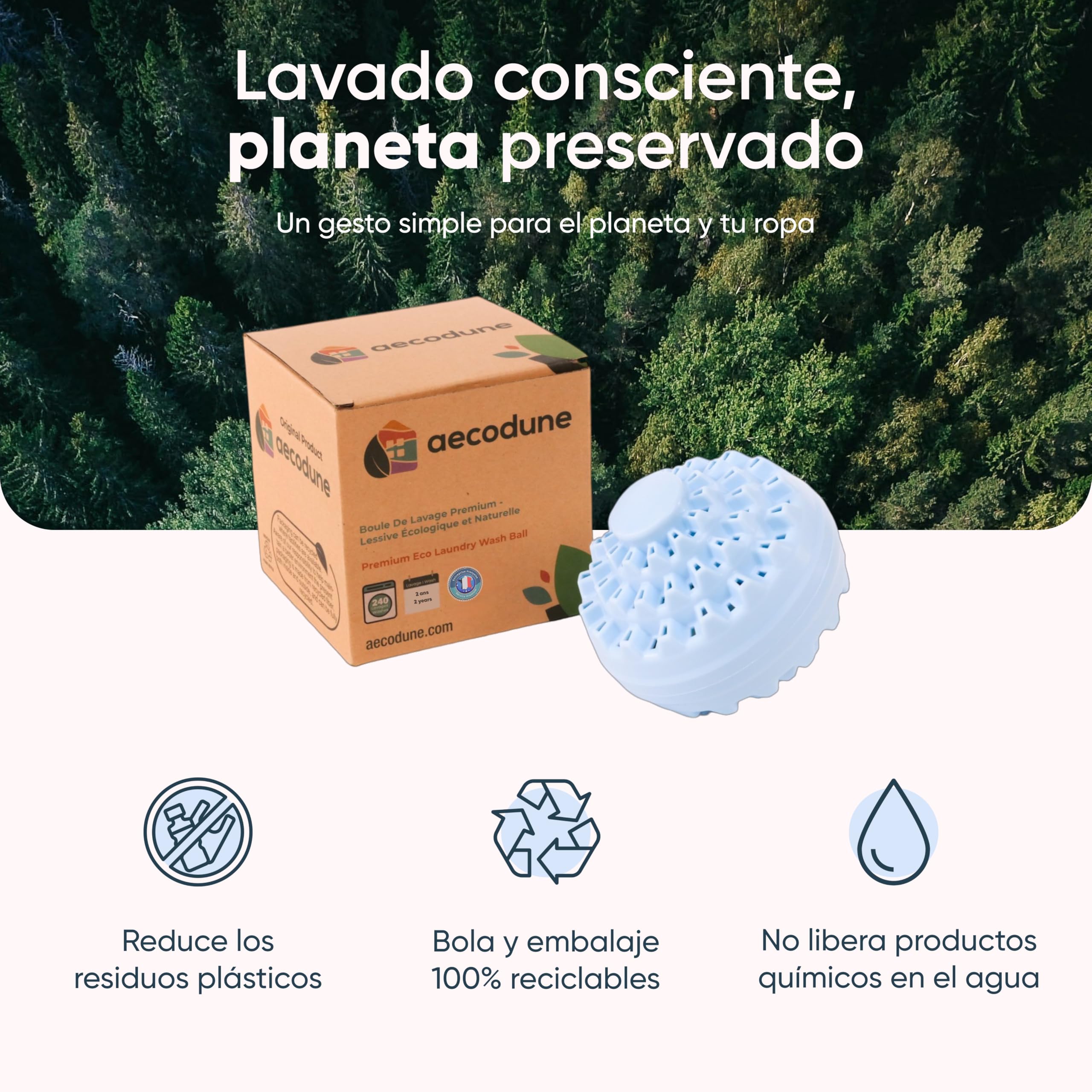 aecodune 2 Años de Detergente Ecológico Económico 240 Lavados - Bola de Lavado para Lavadora - Perlas de Ropa Detergente en Polvo Natural Zero Desperdicio - Hipoalergénico Lavanda - Anti Cal