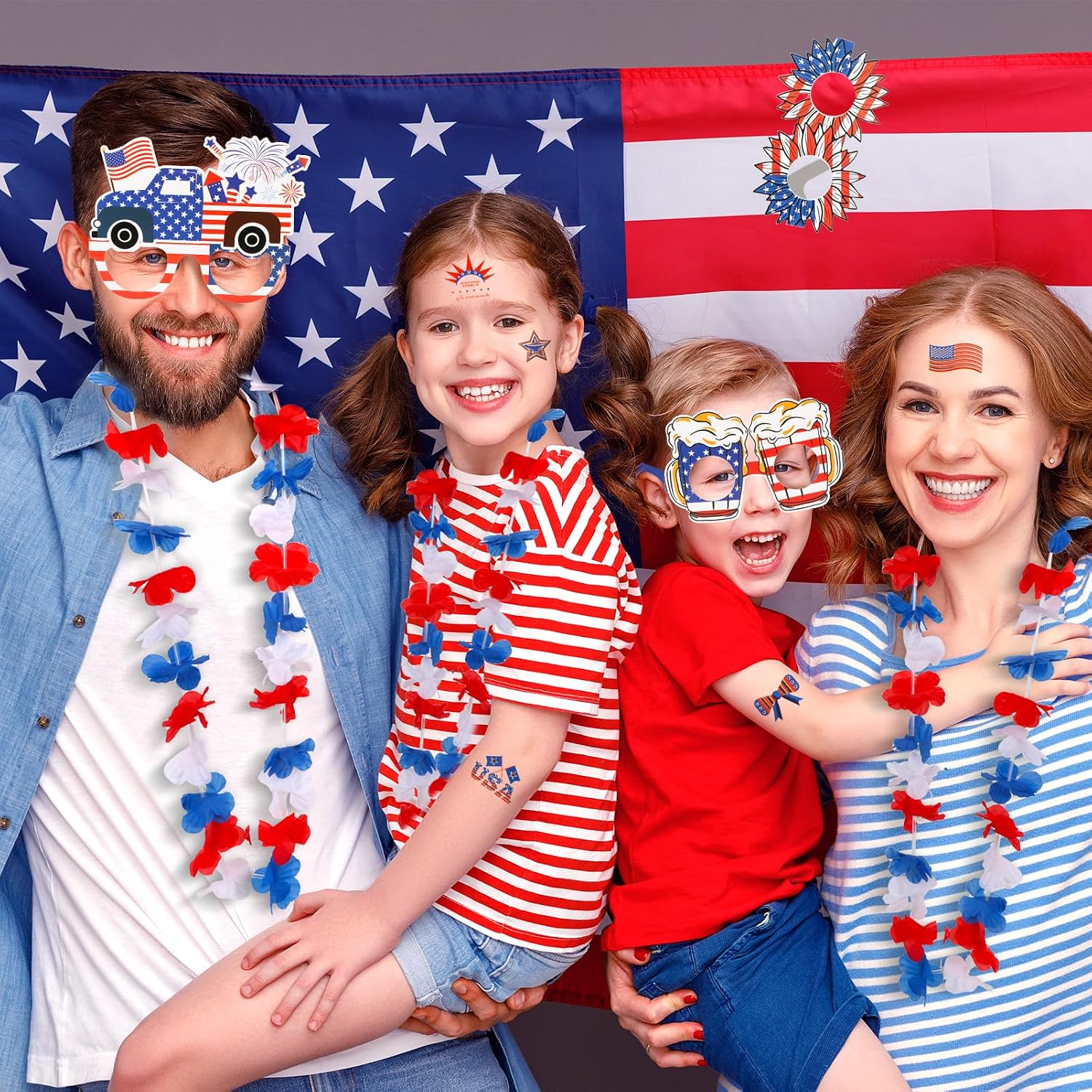 72 Pack Patriotic Leis Red White and Blue Flower Leis, 4th of July Hawaiian Leis, American Flags, Patriotic Paper Glasses and Tattoos for Fourth of July, Memorial Day, Independence Day Decorations