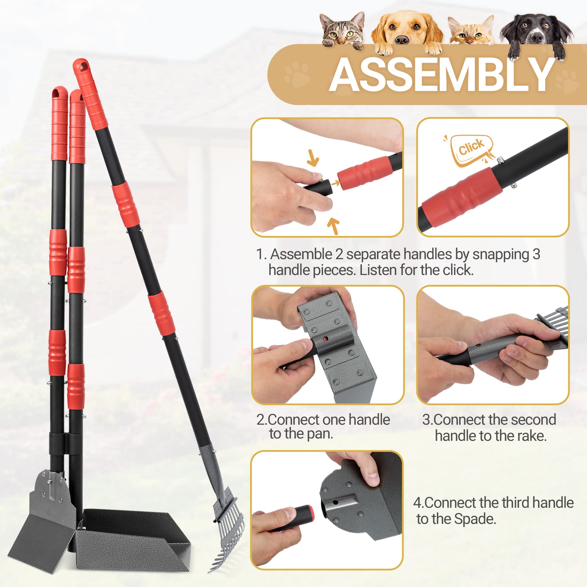 Heeyoo Dog Pooper Scooper, Dog Poop Tray and Rake Set, Pet Waste Removal Scoop with Long Adjustable Sectional Stainless Handles