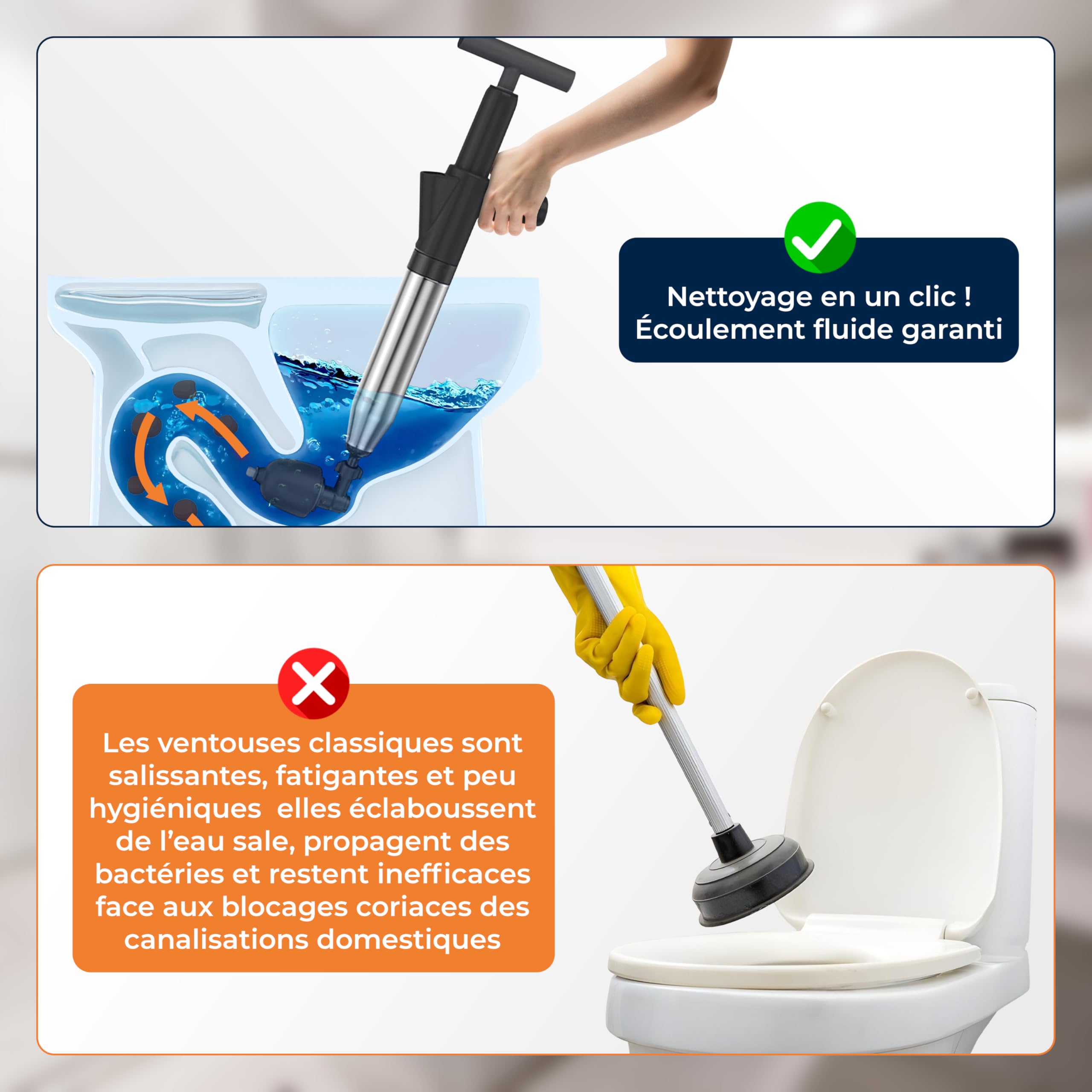 DRAINIX PRO | Déboucheur Canalisation à Air Comprimé, Ventouse Déboucheur WC, Évier et Douche pompe professionnel pour Déboucher Canalisation, Siphon et Tuyaux + notice en FRANCAIS