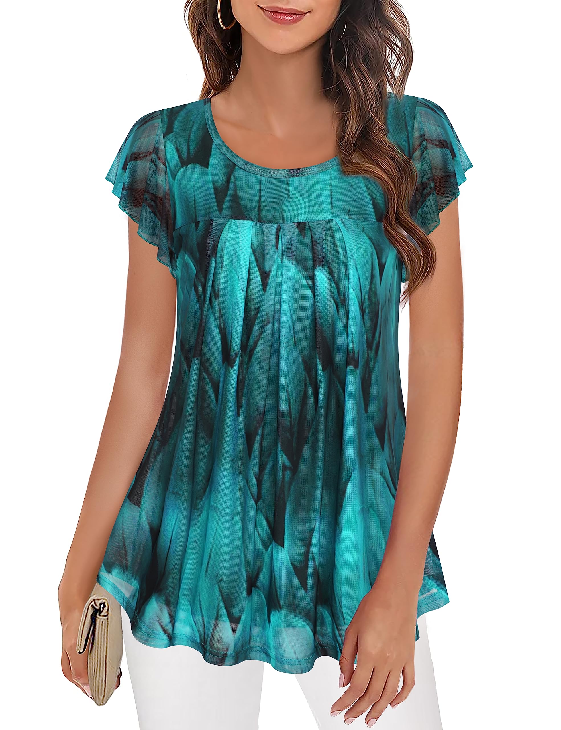 Furnex Women's Short Sleeve Tunic Shirt Pleated Mesh Blouses Summer Floral Tops