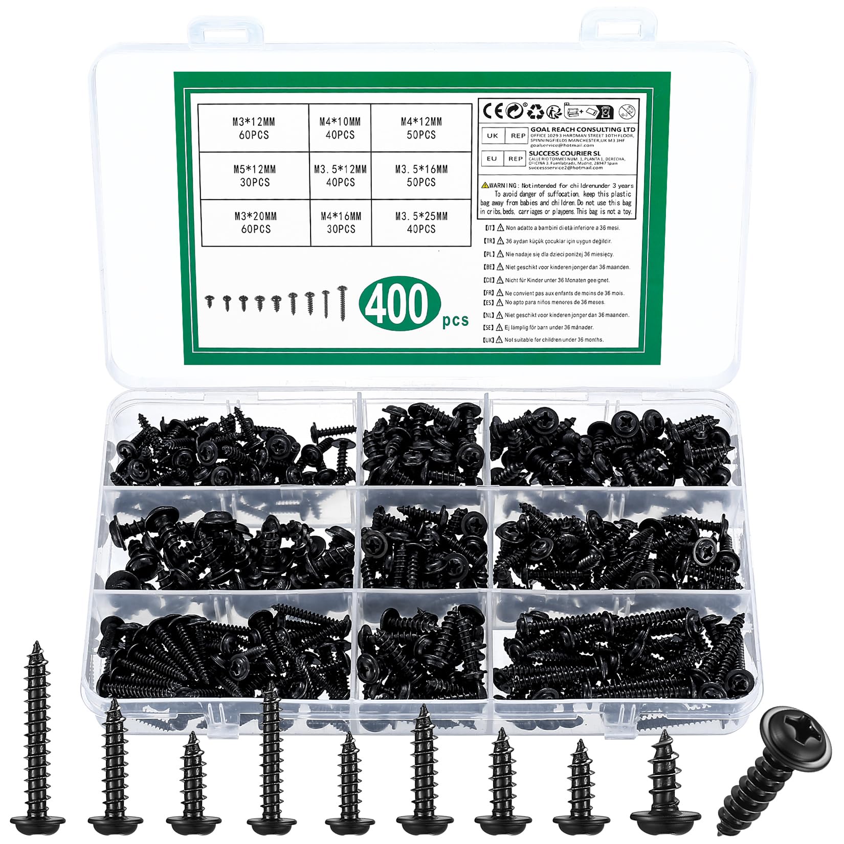 400 Pcs Black Self Tapping Screws Metal, M3 M3.5 M4 M5 Phillips Pan Head Self Drilling Screws Assortment with Washers Head for Wood Metal Plastic DIY Repair