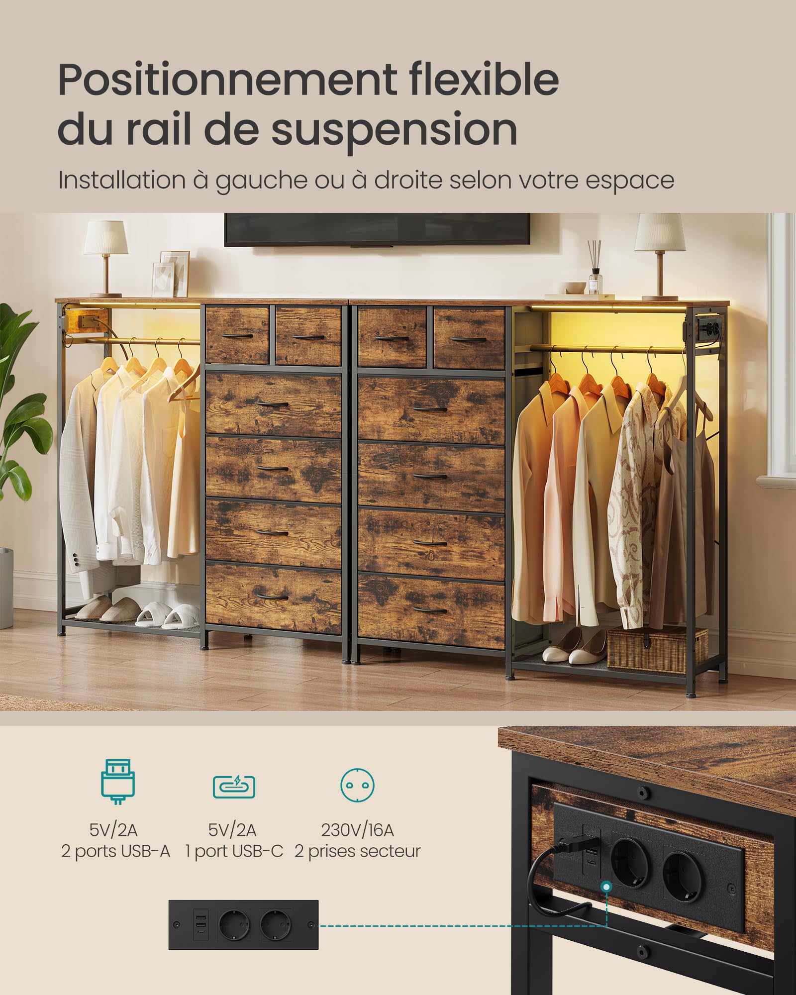 SONGMICS Portant à Vêtements avec 6 Tiroirs, Vestiaire avec Éclairage LED et Prises, Étagère à Chaussures, pour Chambre et Entrée, 102,7 x 35 x 117,6 cm, Marron Rustique, Collection BELLAH LGS523K102