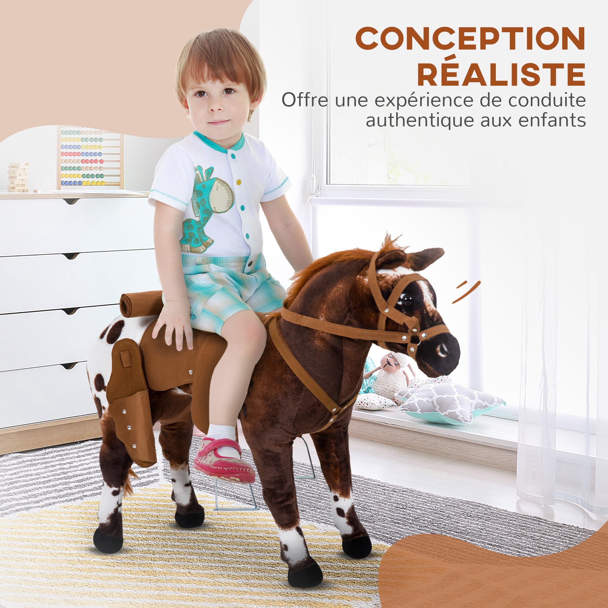 HOMCOM Cheval Debout en Peluche Effets Sonores 85L x 28l x 60H Marron Blanc