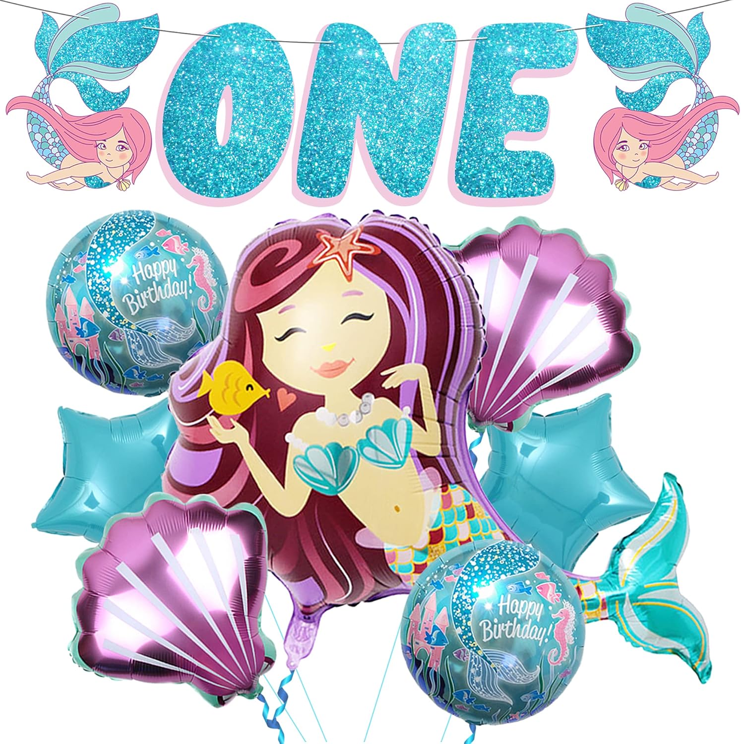 KatchOn, Glitter 1st Mermaid Birthday Decorations Set - Pack of 8 | 38 Inch, Mermaid Balloons | Mermaid 1st Birthday Decorations | Mermaid Tail Balloon for Under The Sea Party Decorations 1st Birthday