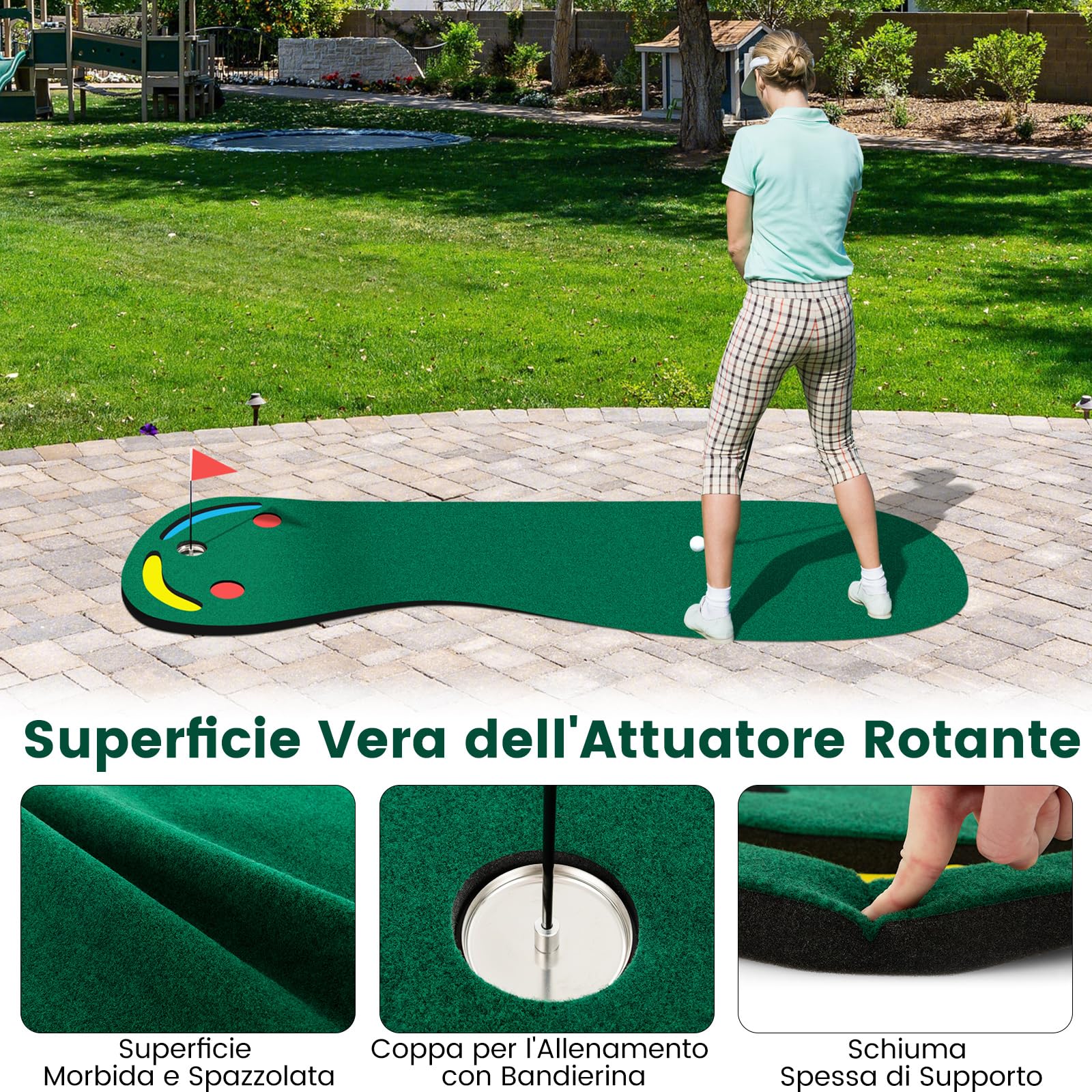 COSTWAY Set di Putting da Golf, Tappetino da Putting con 3 Fori per il Putting, 1 Bandierina e Coperture per Buca da Golf per Allenarsi al Putting, Putting per Uso Interno ed Esterno, 300 x 96 CM