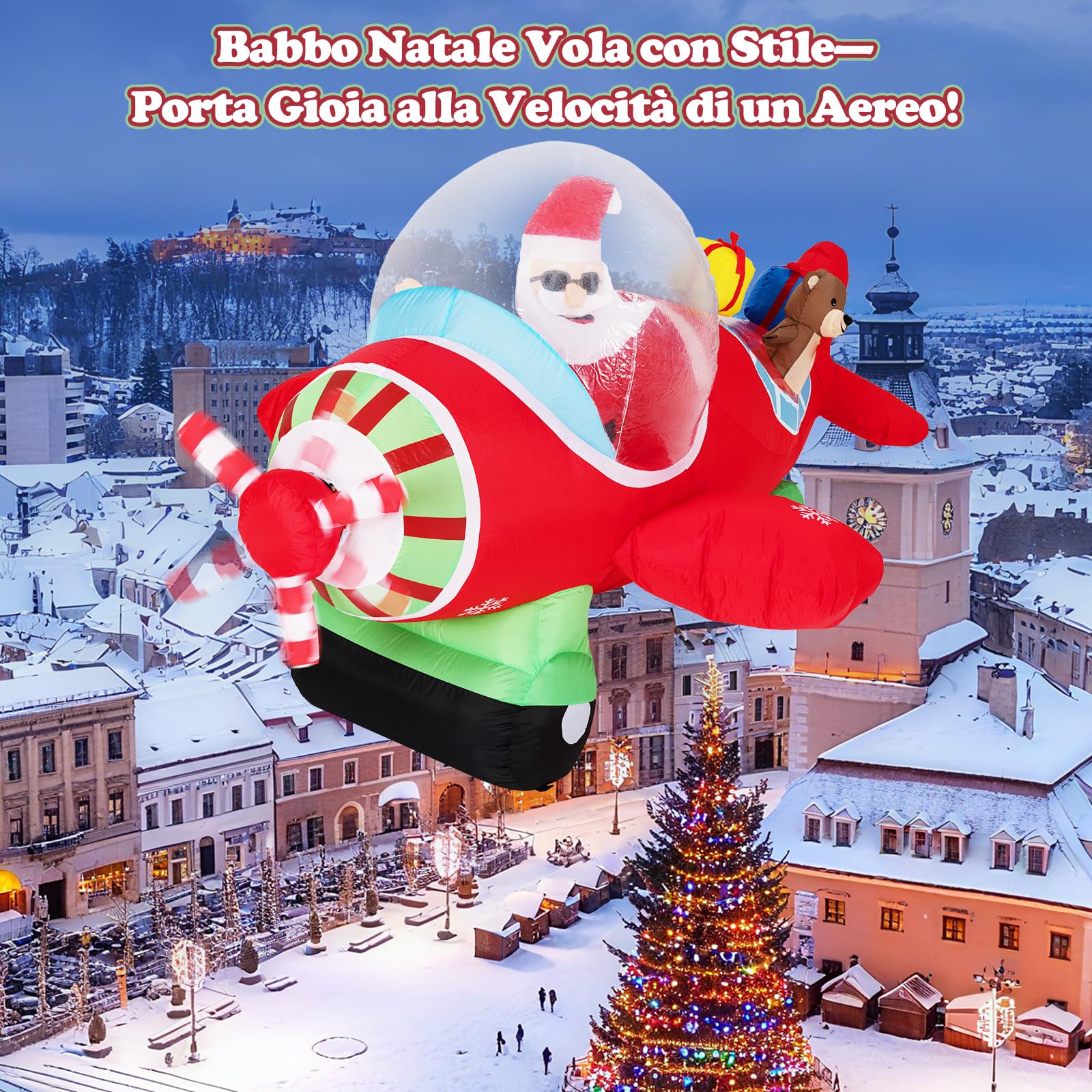 COSTWAY Babbo Natale Gonfiabile su Aereo 120 cm, Decorazione Natalizia da Esterno con Orsetto, Scatole Regalo e Luci LED, Decorazione Gonfiabile Invernale per Festa, per Giardino, Cortile e Casa