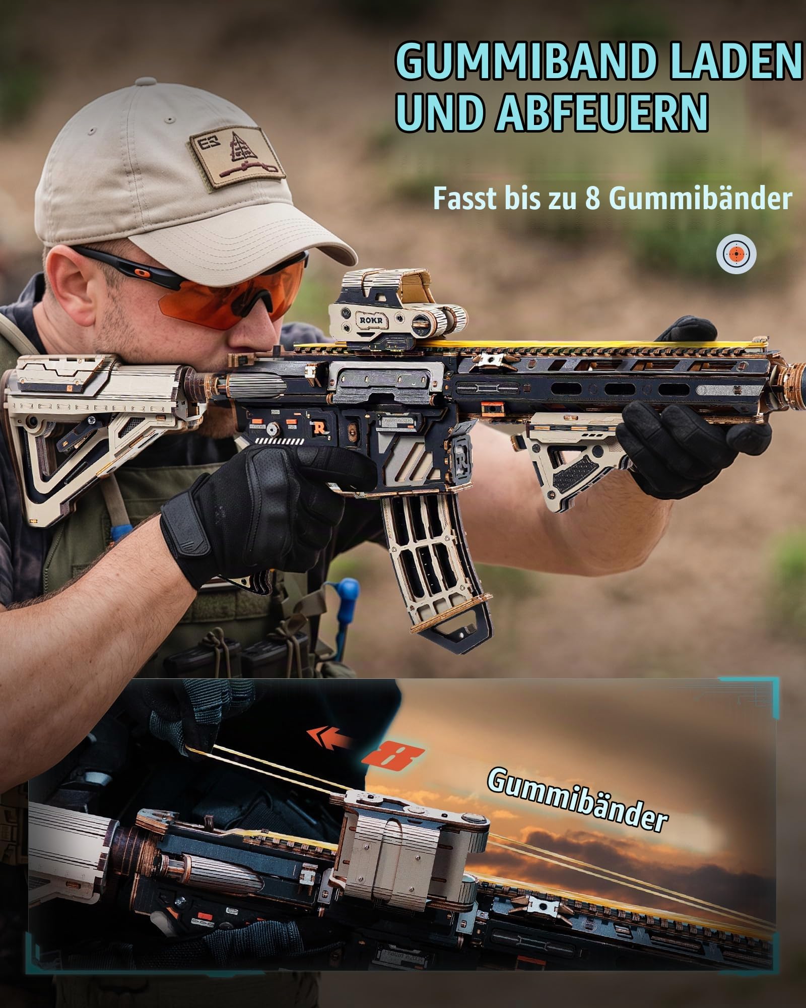 ROKR M416 3D Mechanisches Launcher Modell Bauset für Erwachsene 410 Teile Tactical Style DIY Holz Puzzle Interaktives Elastikband Action Spielzeug Geschenk für Männer LQB02