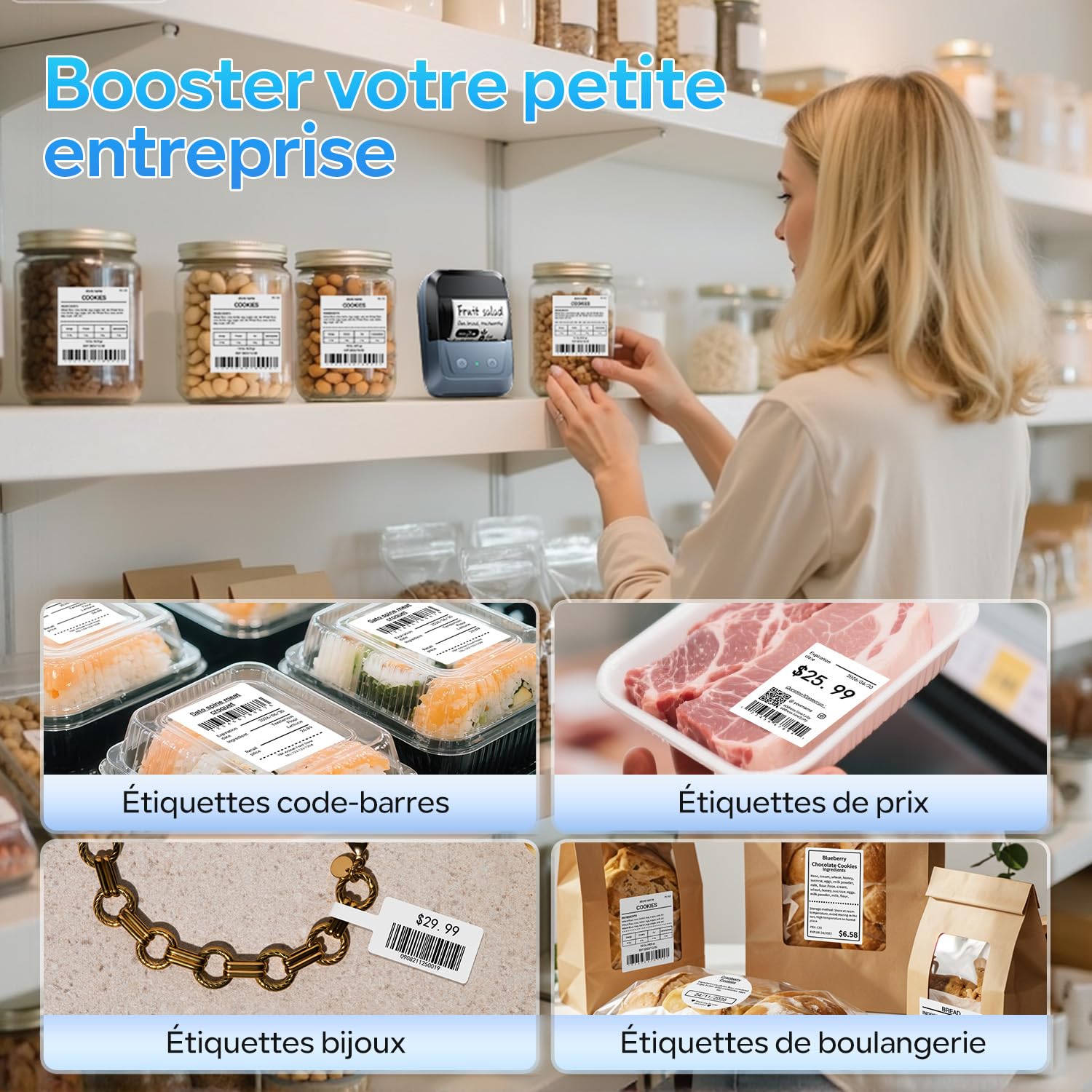 Memoking Imprimante d'étiquettes Bluetooth, portable, autocollante, avec 2000 symboles et 300 modèles, pour le commerce de détail, les petites entreprises, le bureau et la maison