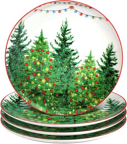 Uiifan 4 platos de ensalada de cerámica para árboles de Navidad, platos verdes para decoración de árbol de Navidad, juego de platos de postre de